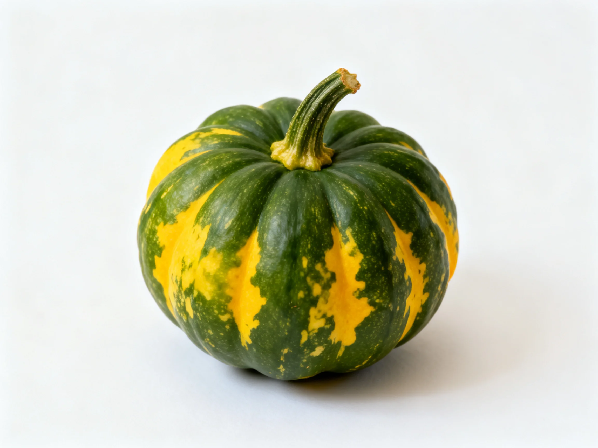 A small round pumpkin with green and yellow striped patterns