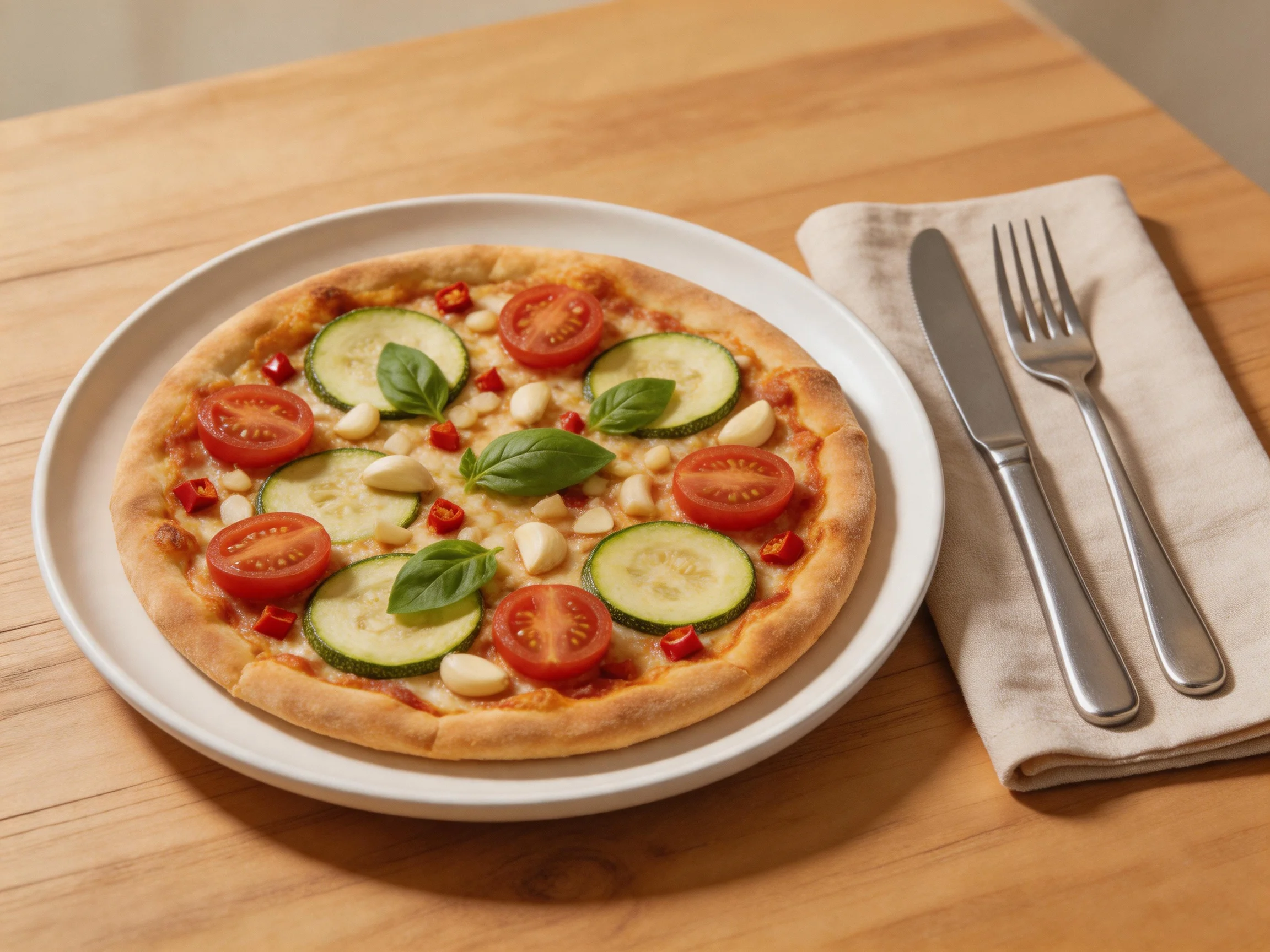 A small vegetable - topped pizza sits on a white plate with silverware nearby