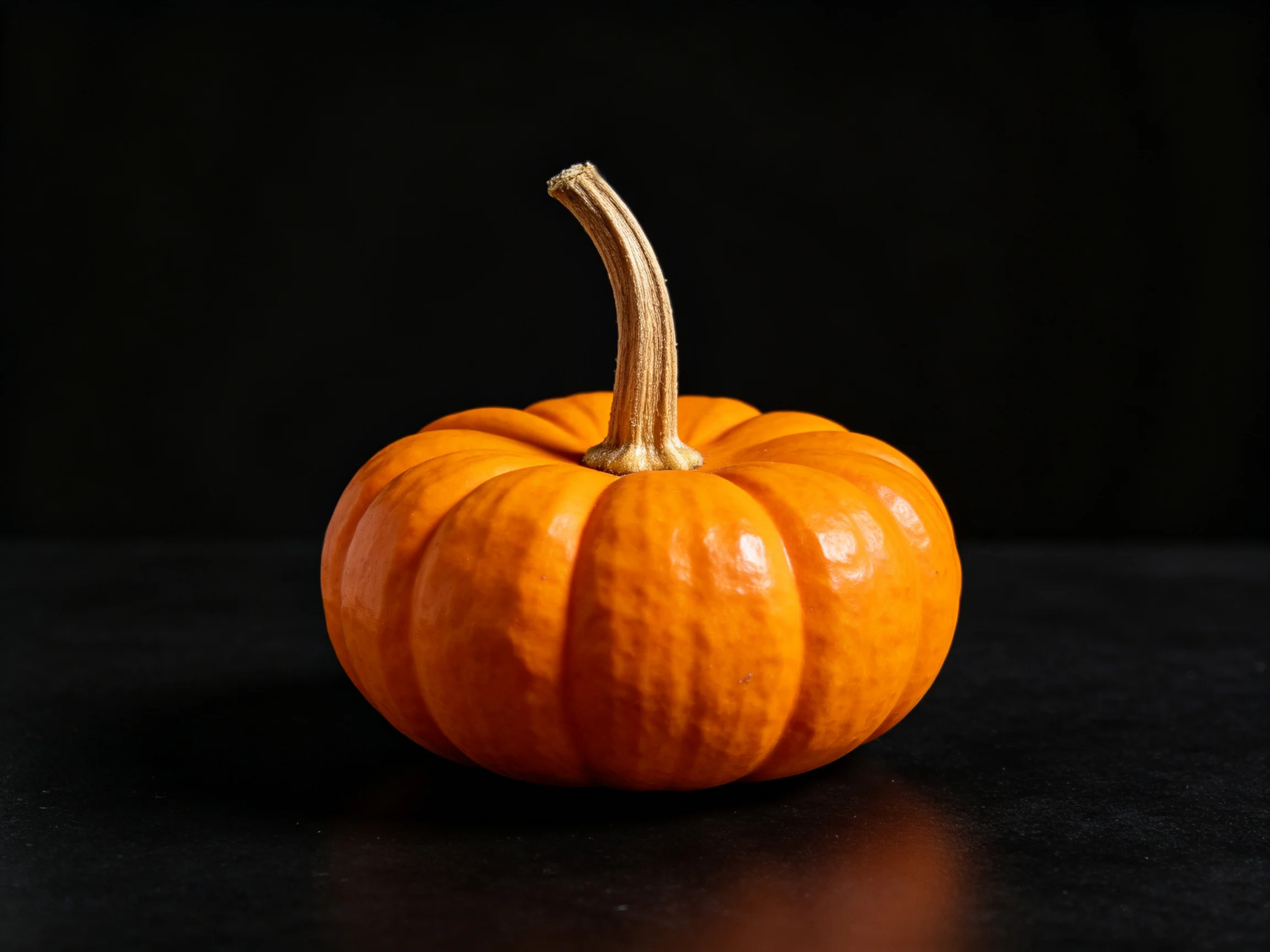 A small vibrant orange pumpkin with a curved stem on a dark surface