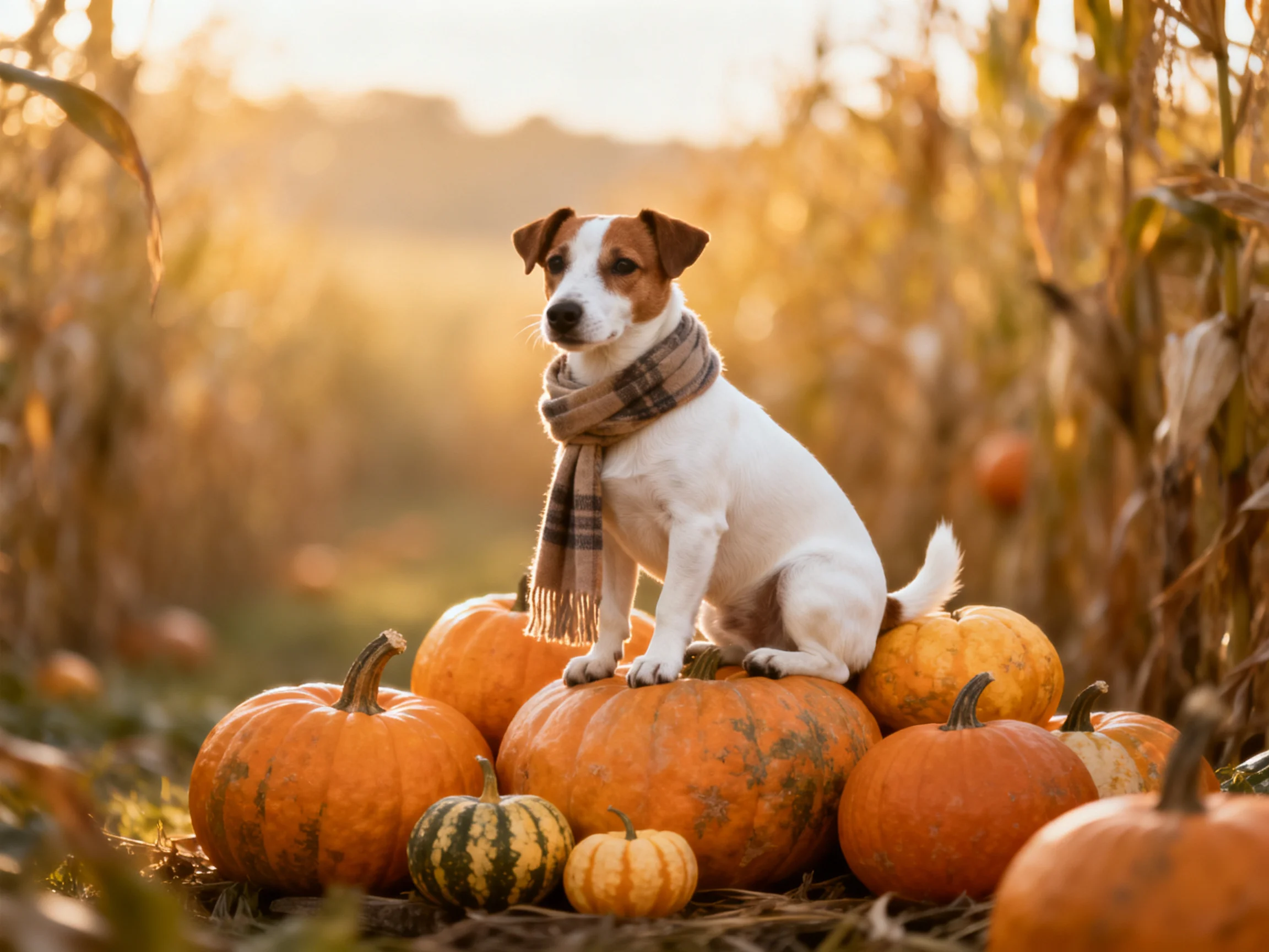 A small white andbrown dog with a scarf sits on assorted pumpkins in a golden cornfield