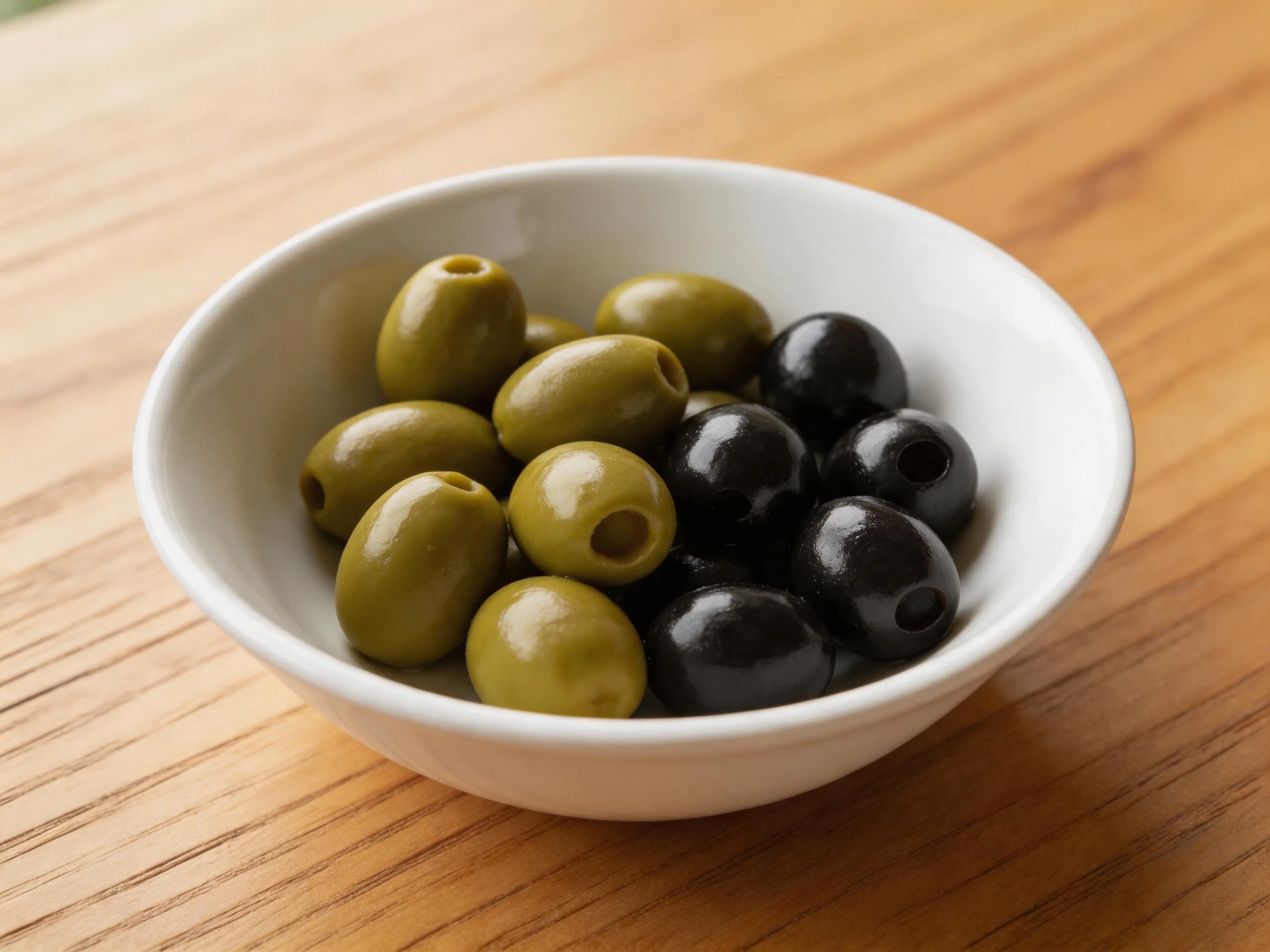 A small white bowl holds green and black olives on a wooden surface