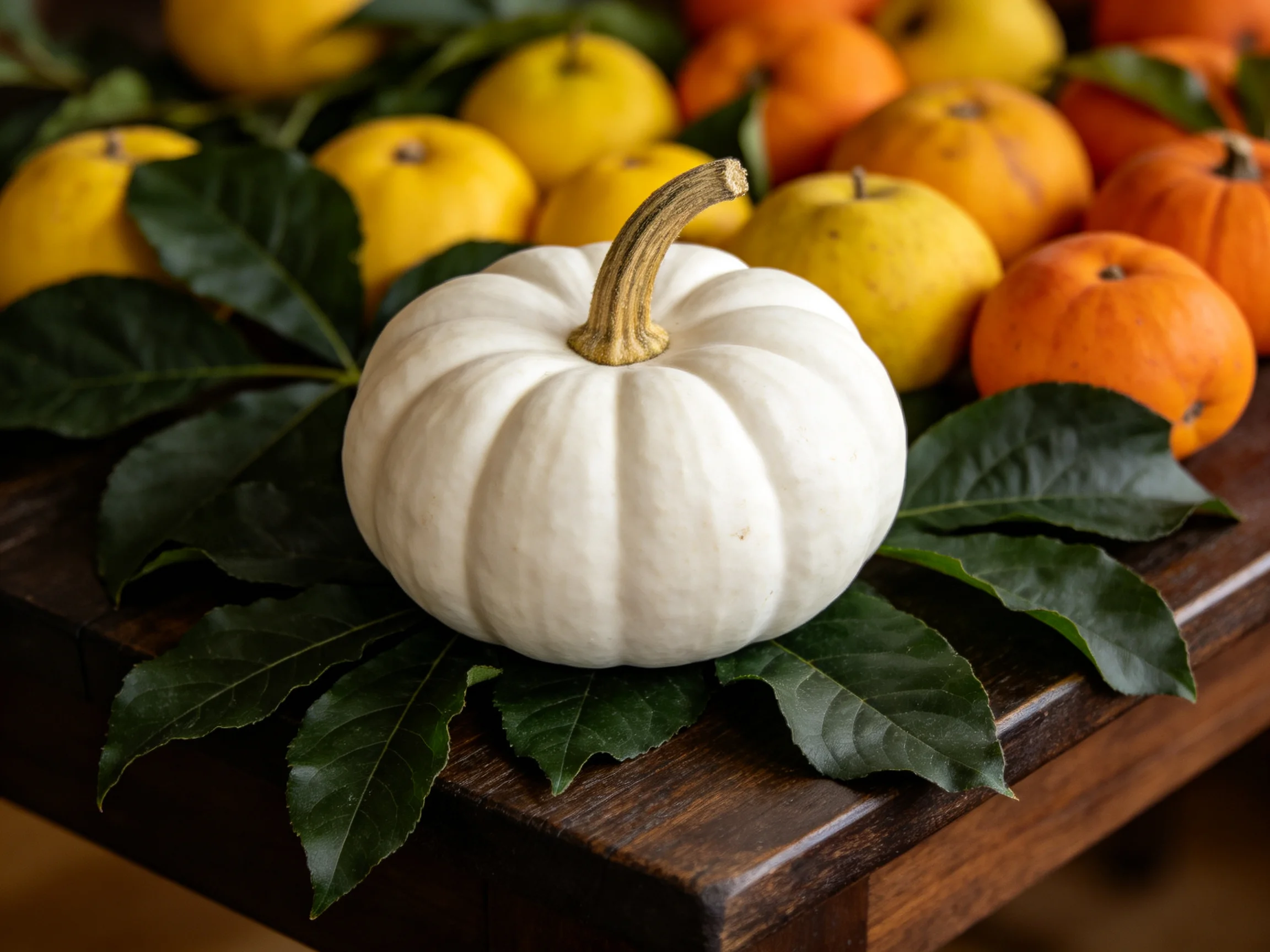 A small white pumpkin displayed among colorful citrus fruits and dark green leaves