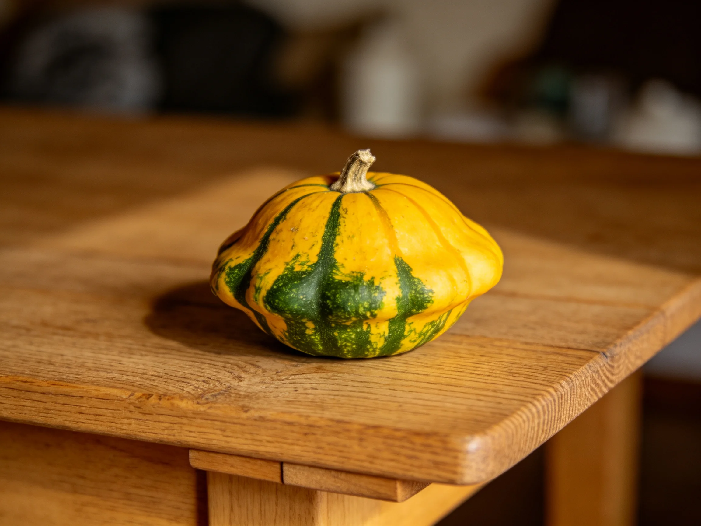 A small yellow and green striped gourd sits atop a wooden table