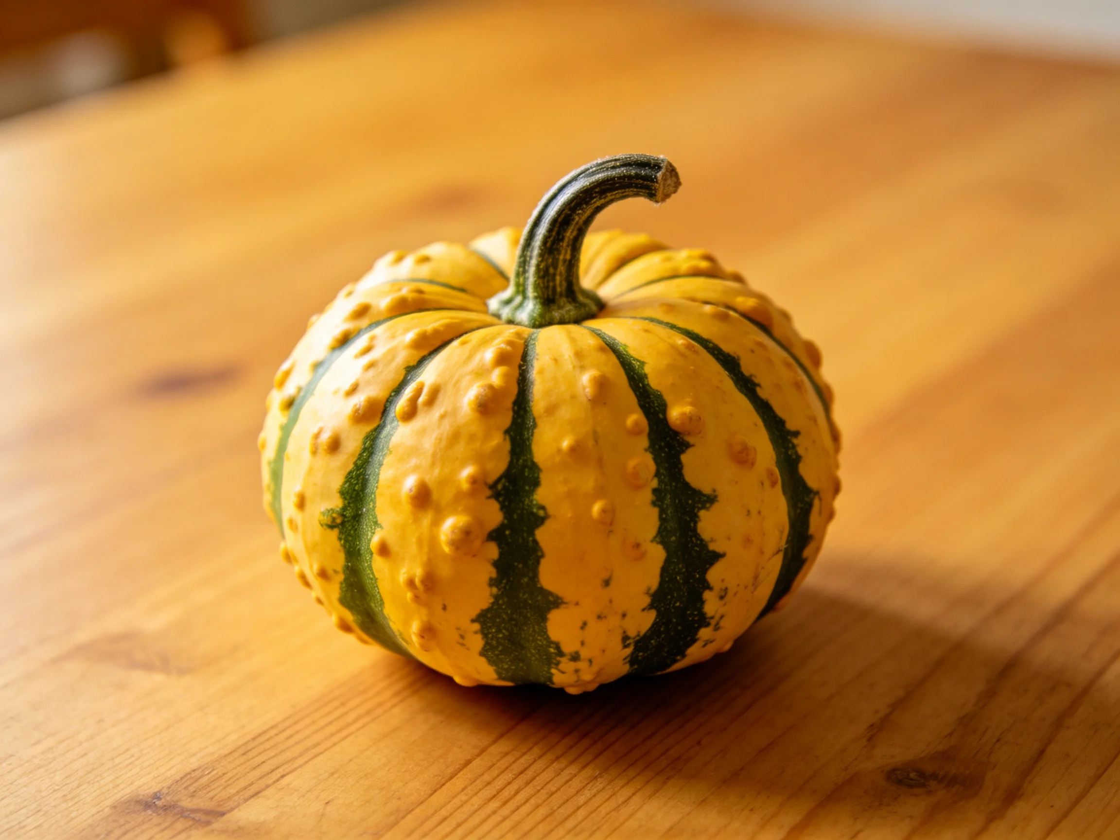 A small yellow and green striped gourd with bumps rests on a wooden table