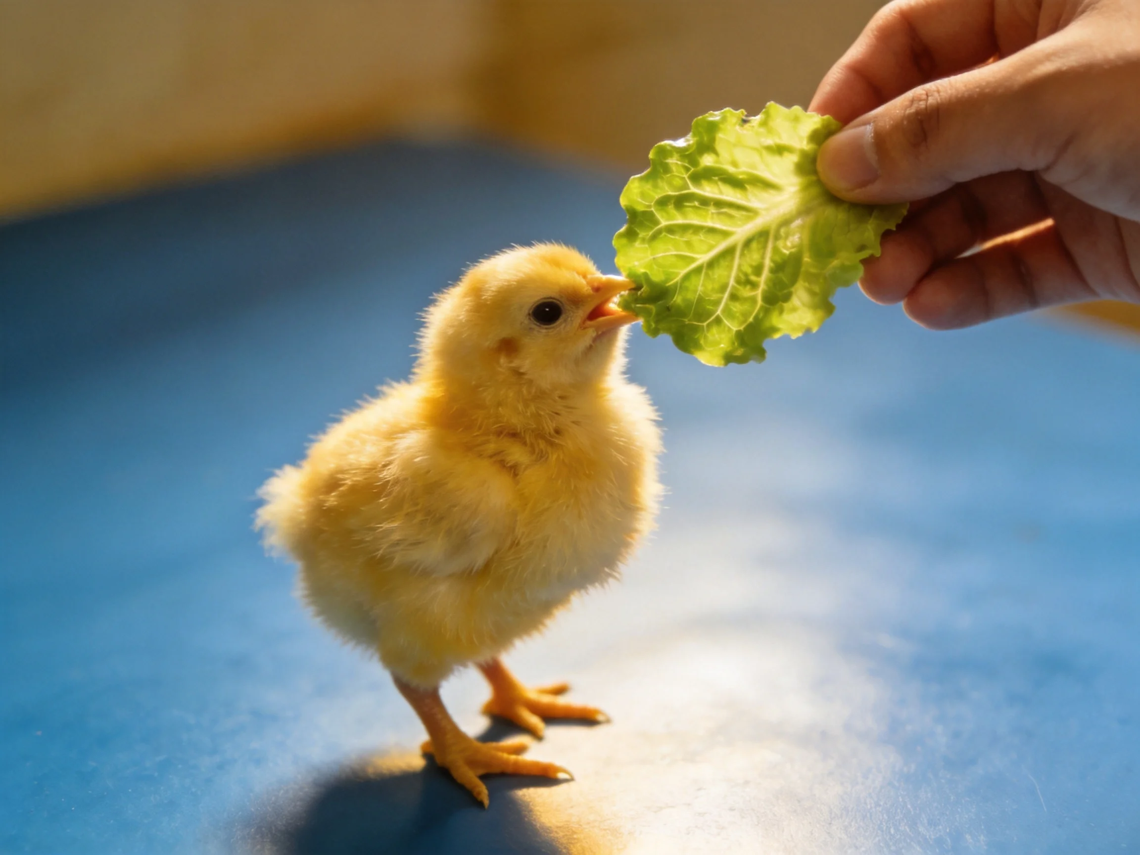 A small yellow chick eating a green lettuce leaf from a human hand