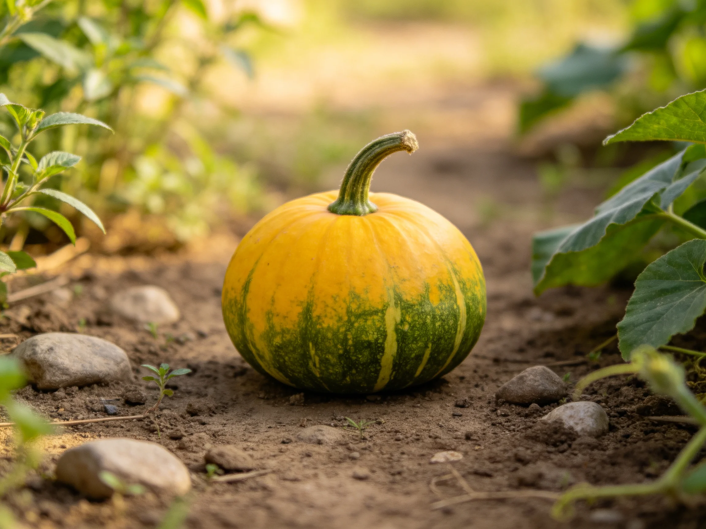 A small yellow-green striped pumpkin sits on garden soil amid leafy plants
