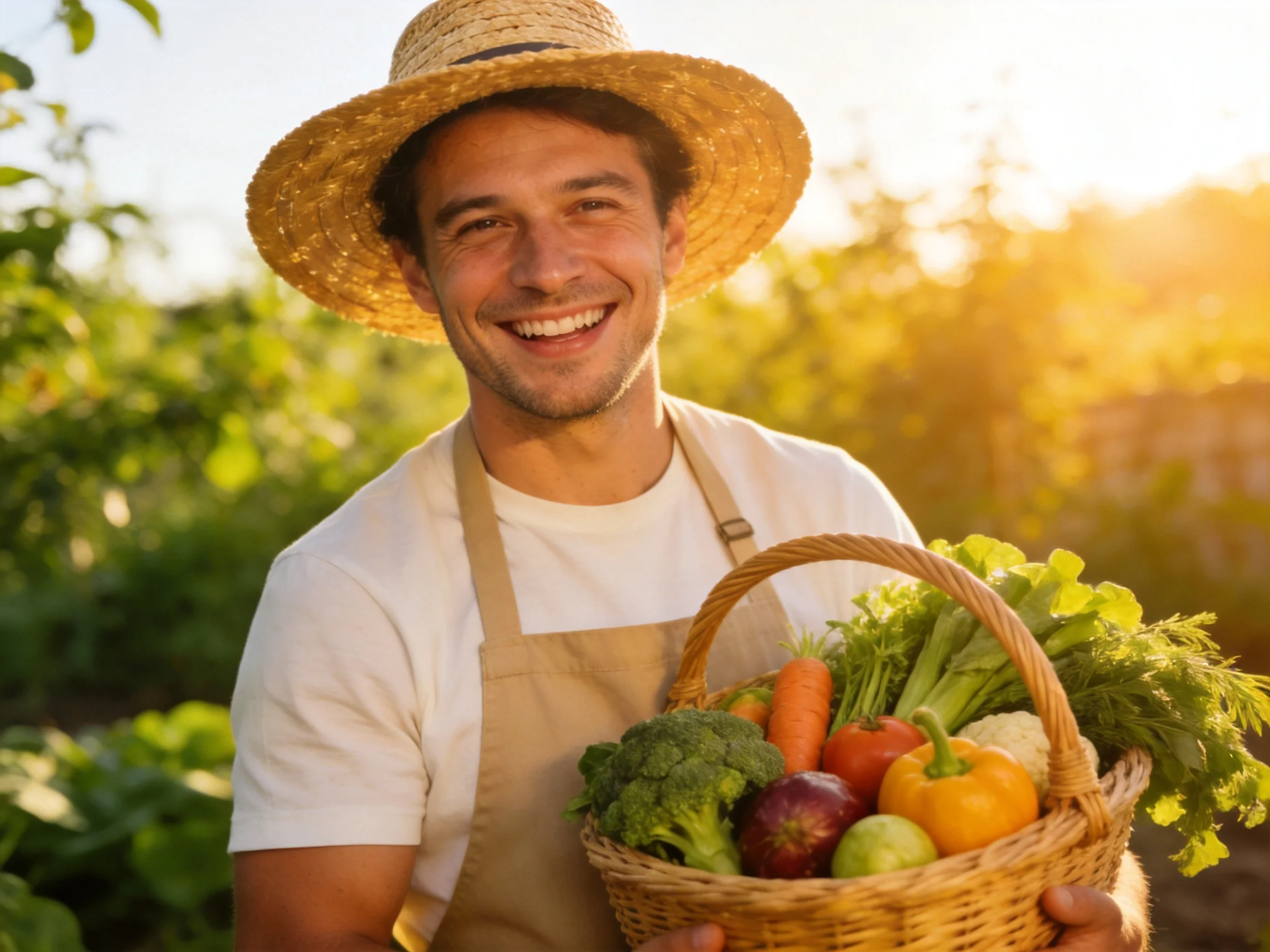A smiling farmer holding a wicker basket of colorful vegetables in a sunlit field