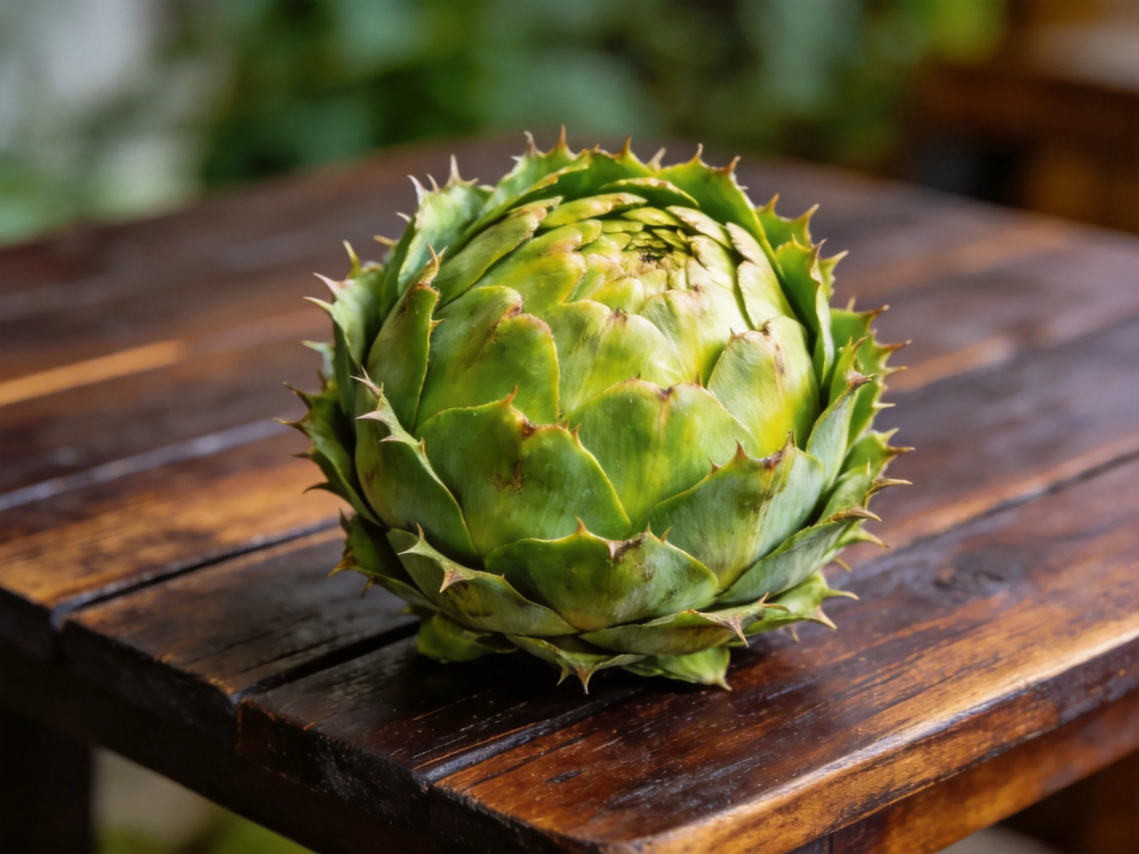 A spiky green artichoke sits on a dark wooden table