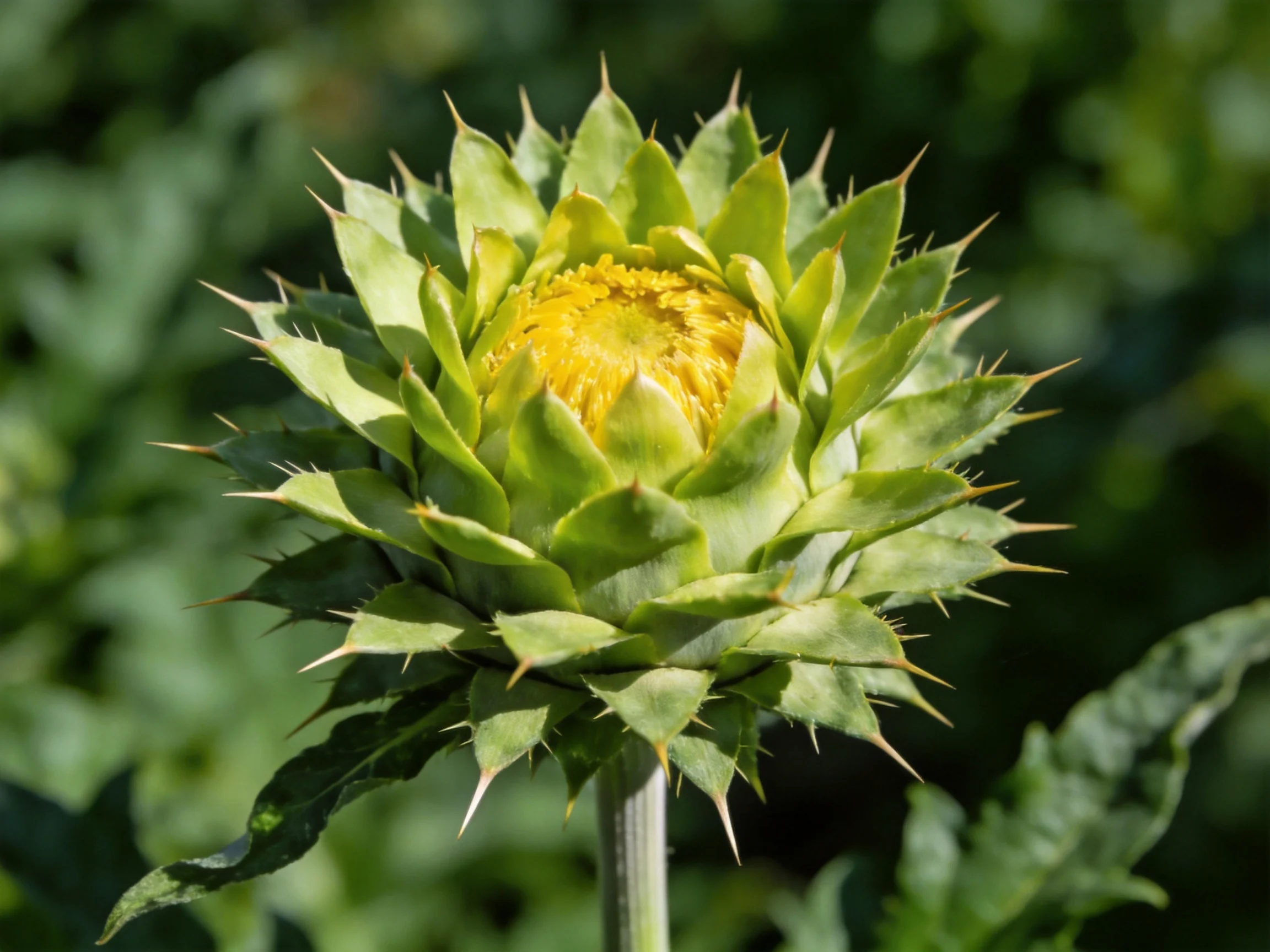 A spiky green flower bud with yellow center amid lush foliage