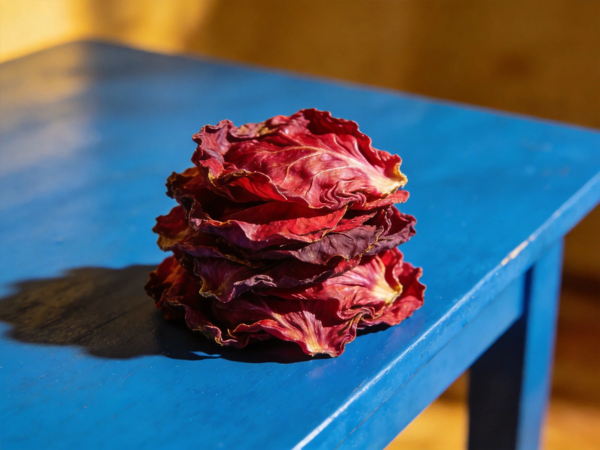 A stack of dried crimson radicchio leaves on a bright blue wooden table