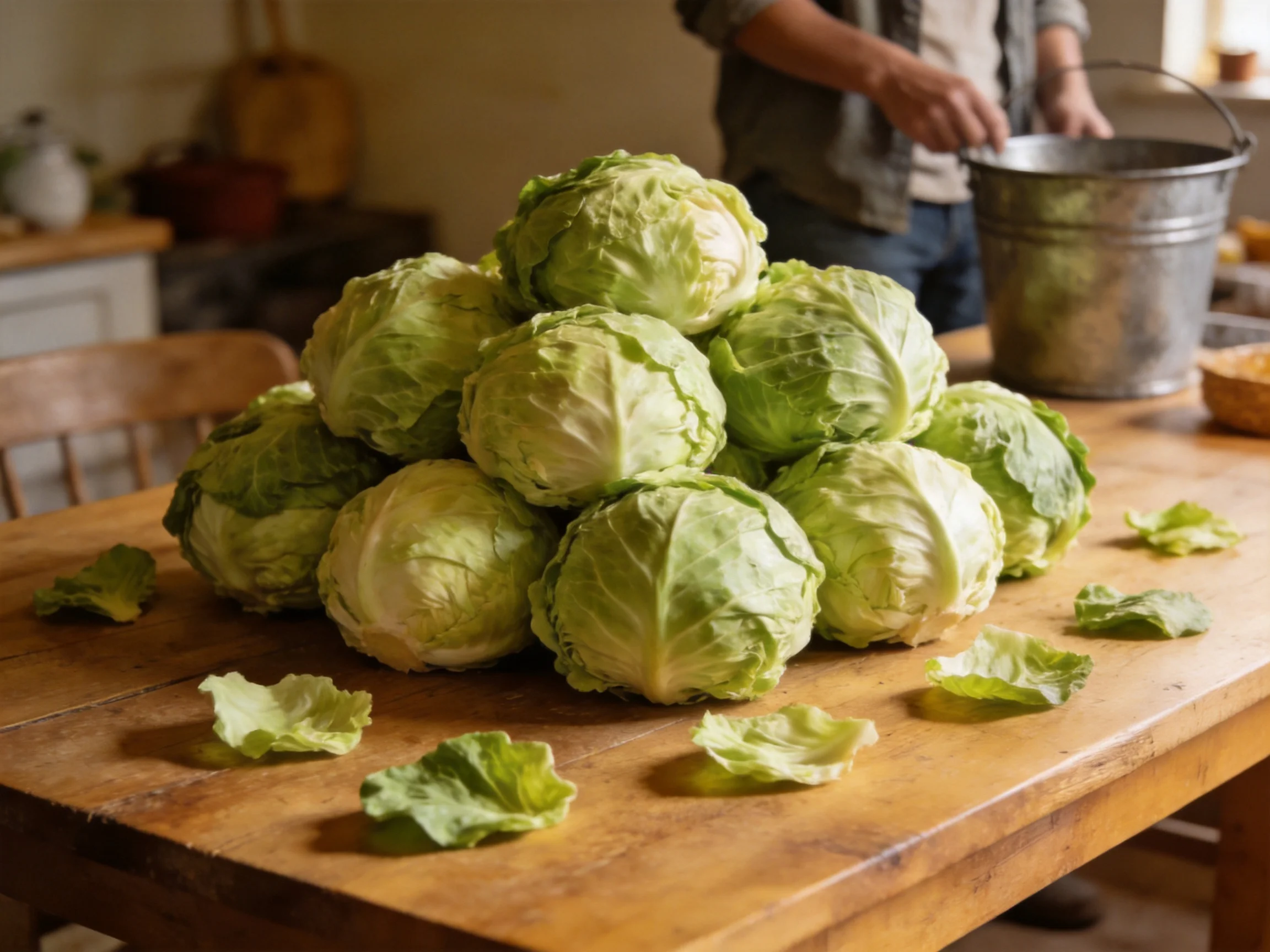 A stack of fresh green cabbages piled on a wooden table