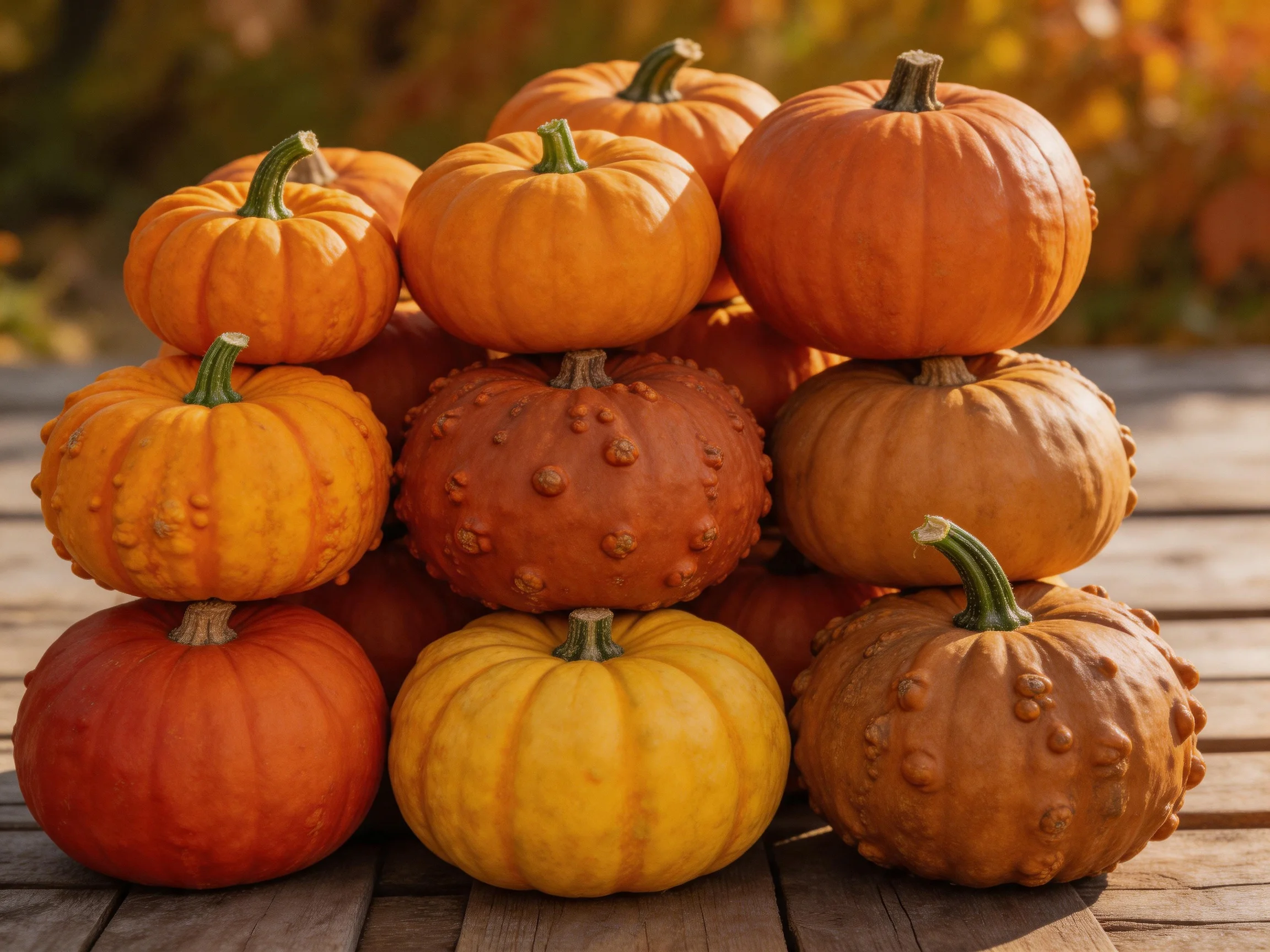 A stack of multicolored pumpkins with varied textures on a wooden table