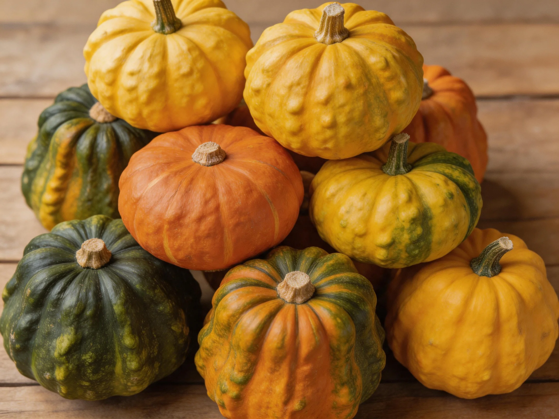 A stack of multicolored small pumpkins on a wooden surface