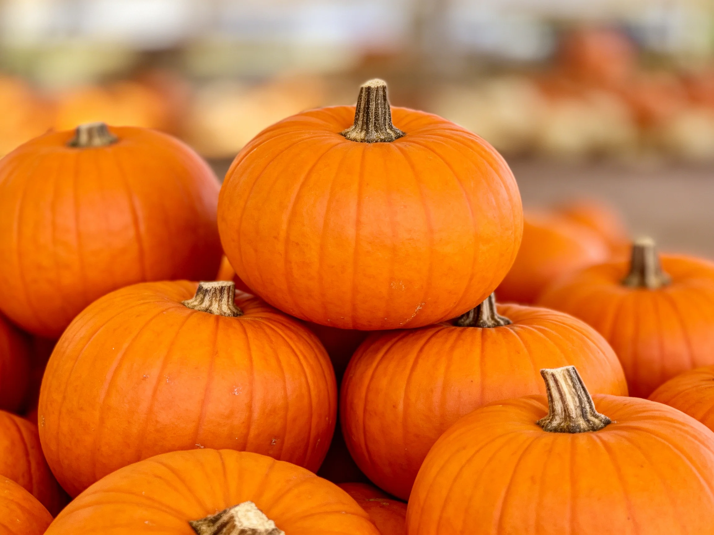 A stack of numerous bright orange pumpkins with textured surfaces