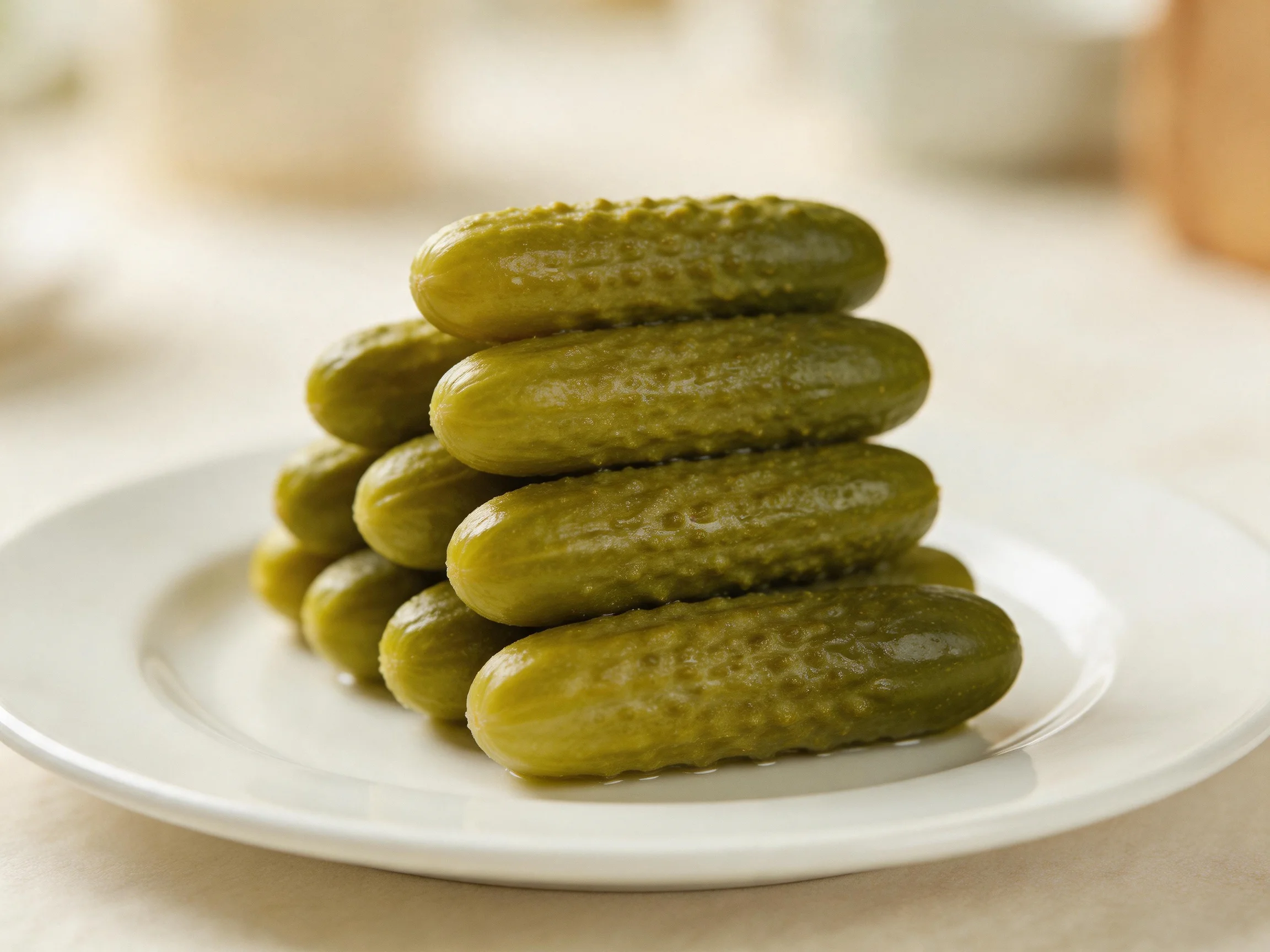A stack of small green pickles arranged on a white plate