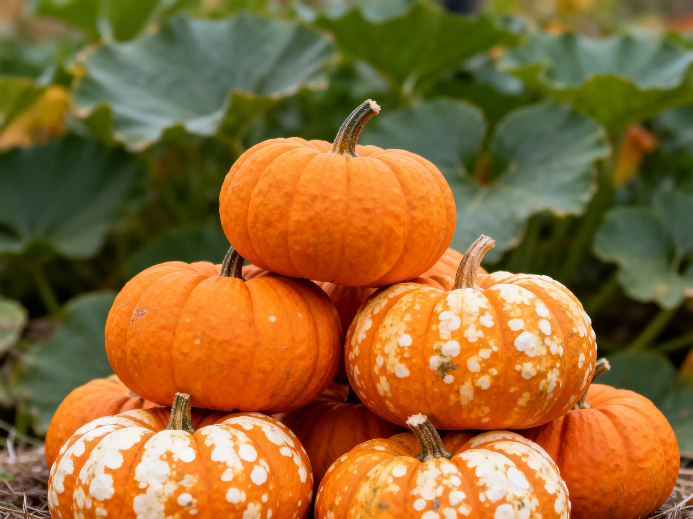 A stack of small orange and speckled pumpkins near large green leaves