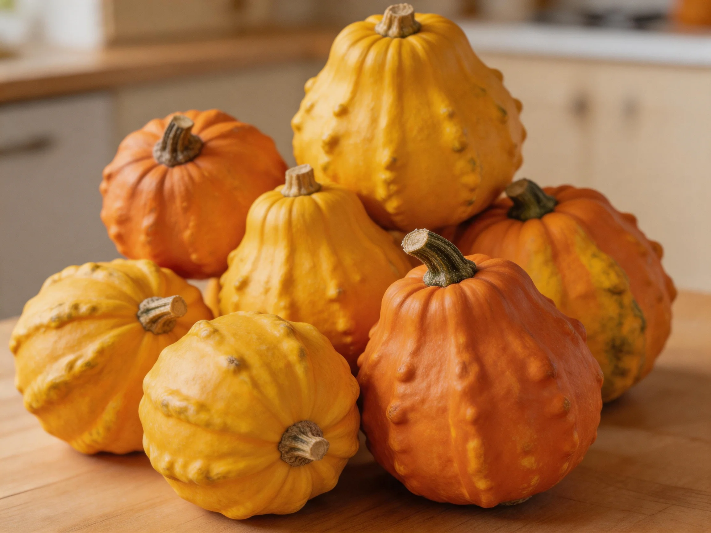 A stack of small orange and yellow gourds arranged on a wooden table