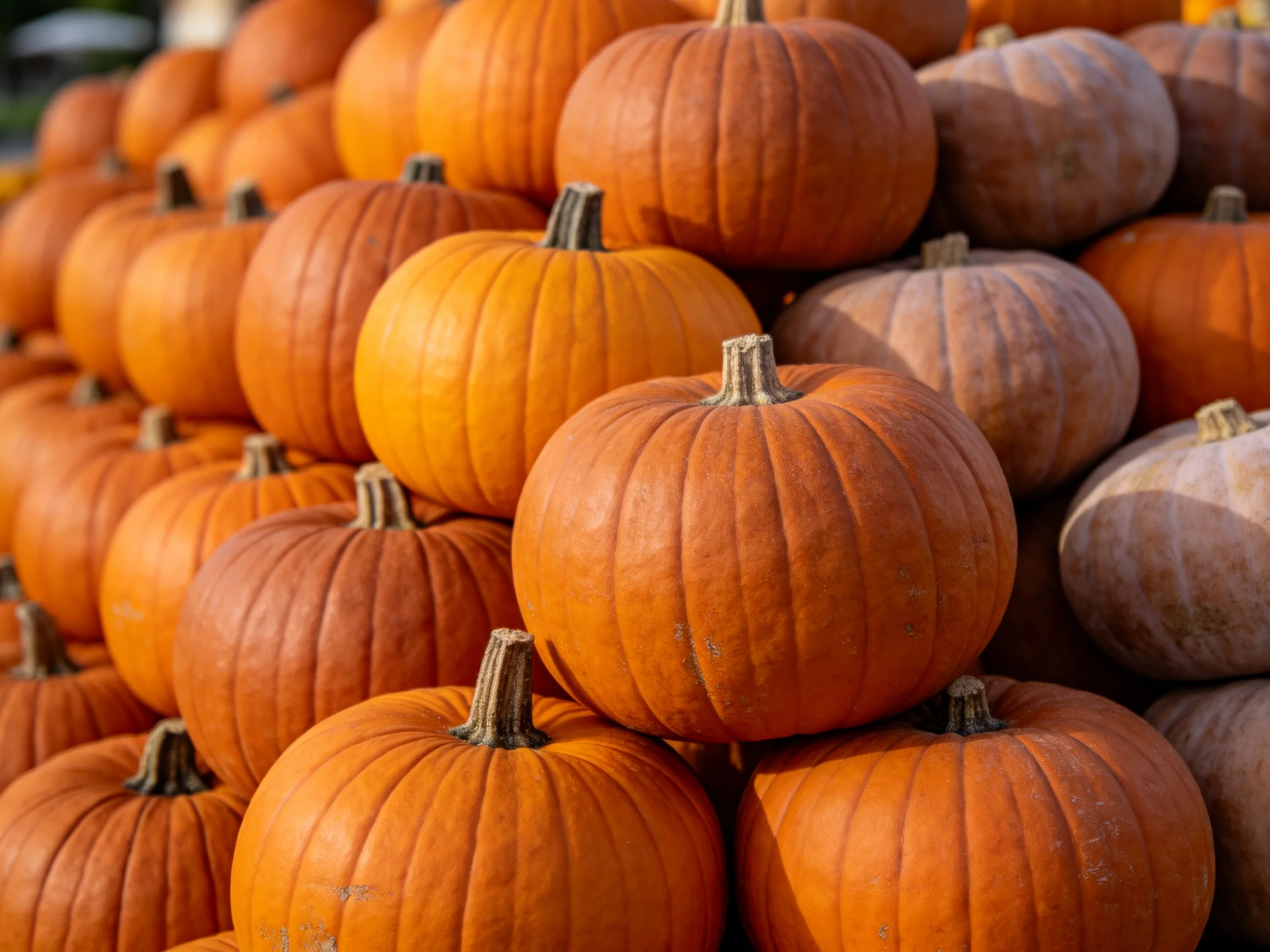 A stack of vibrant orange and muted-toned pumpkins arranged closely together