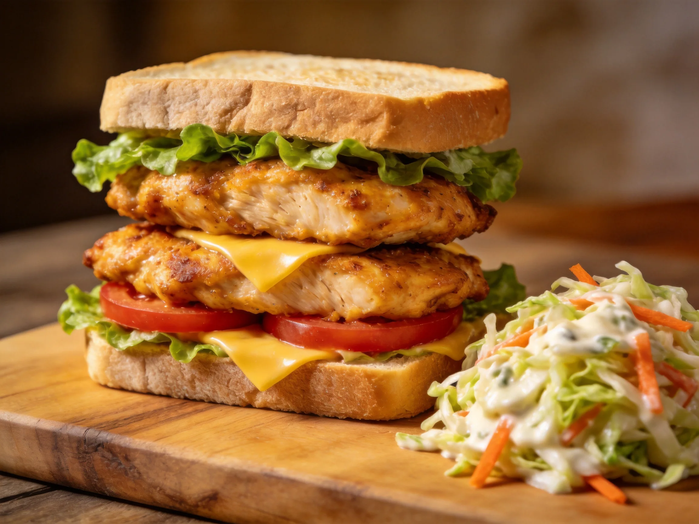 A stacked chicken sandwich with coleslaw on a wooden cutting board