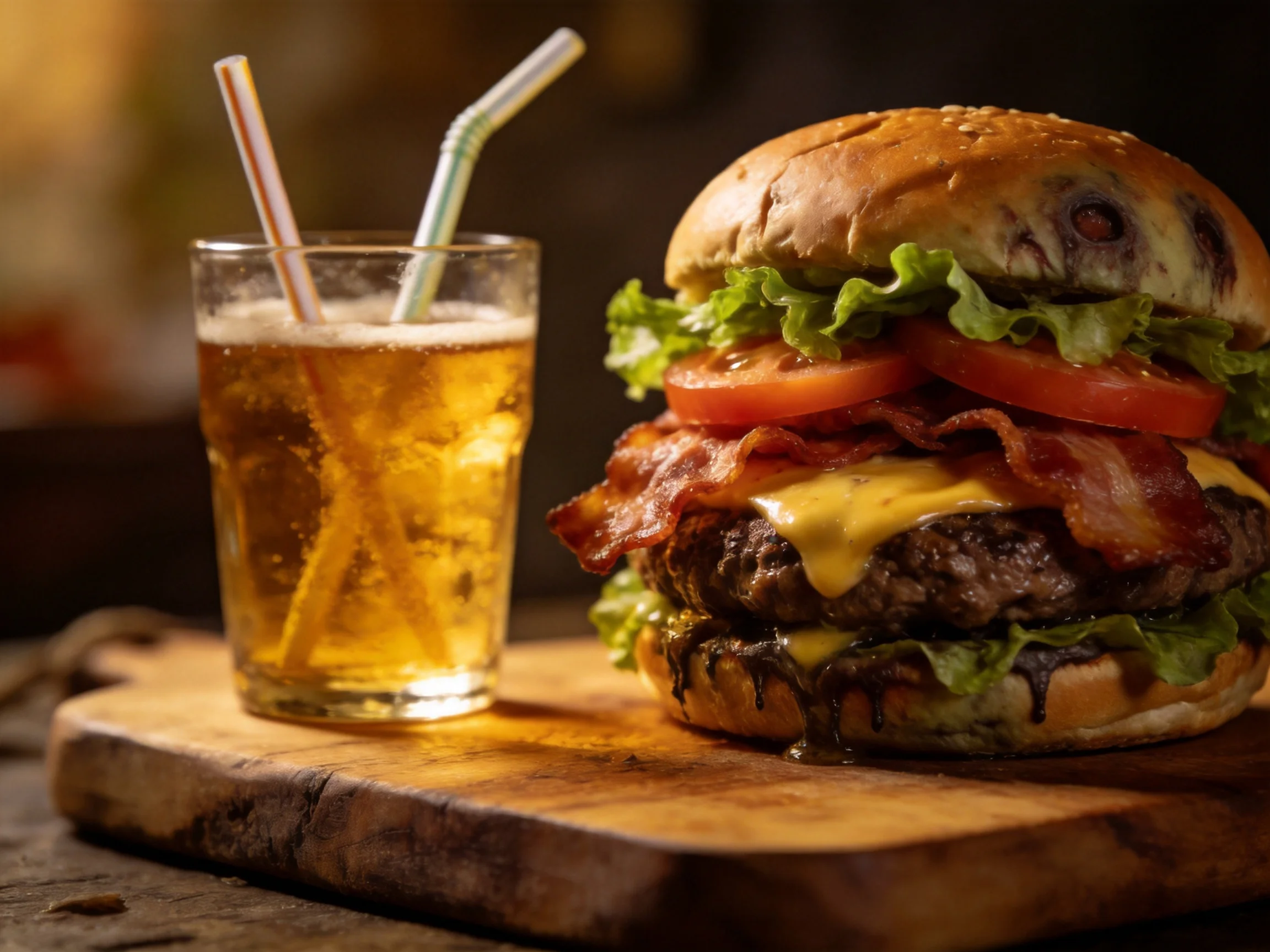 A stacked double-patty burger with bacon, lettuce, tomato beside a glass of iced tea