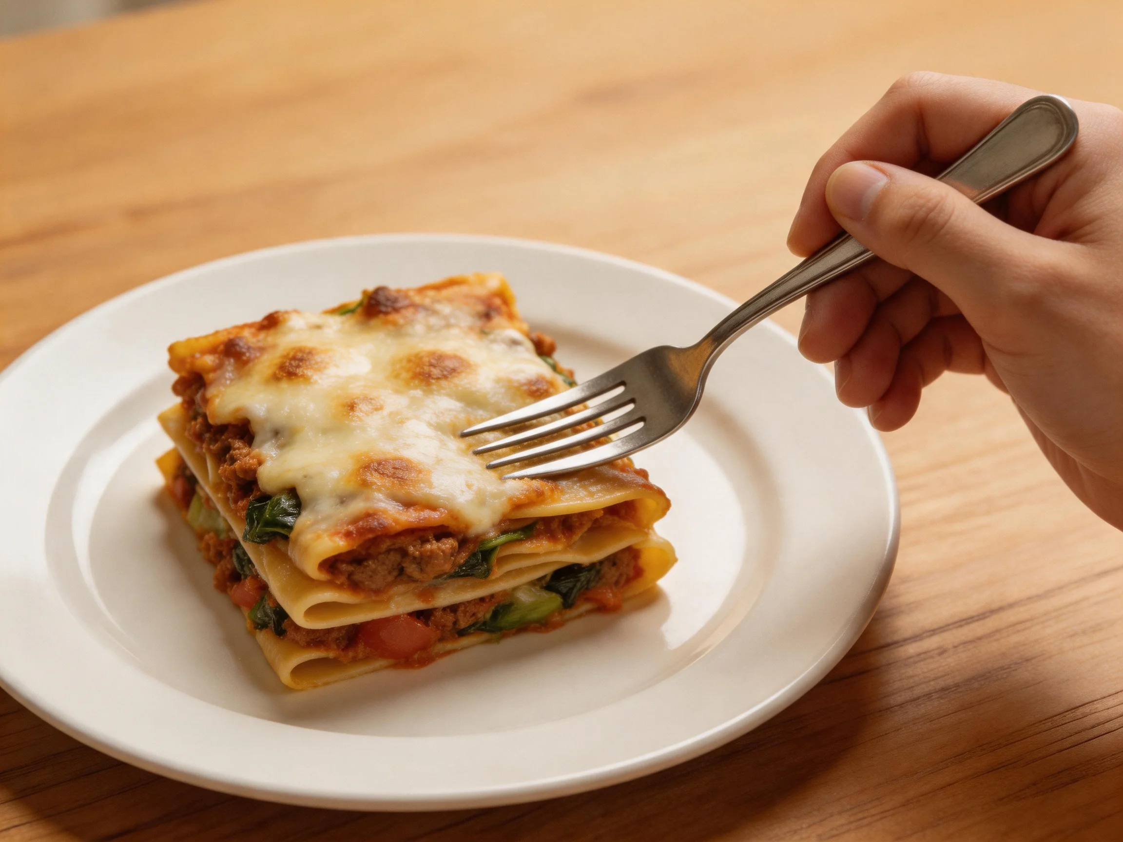 A stacked lasagna slice with melted cheese being cut by a fork