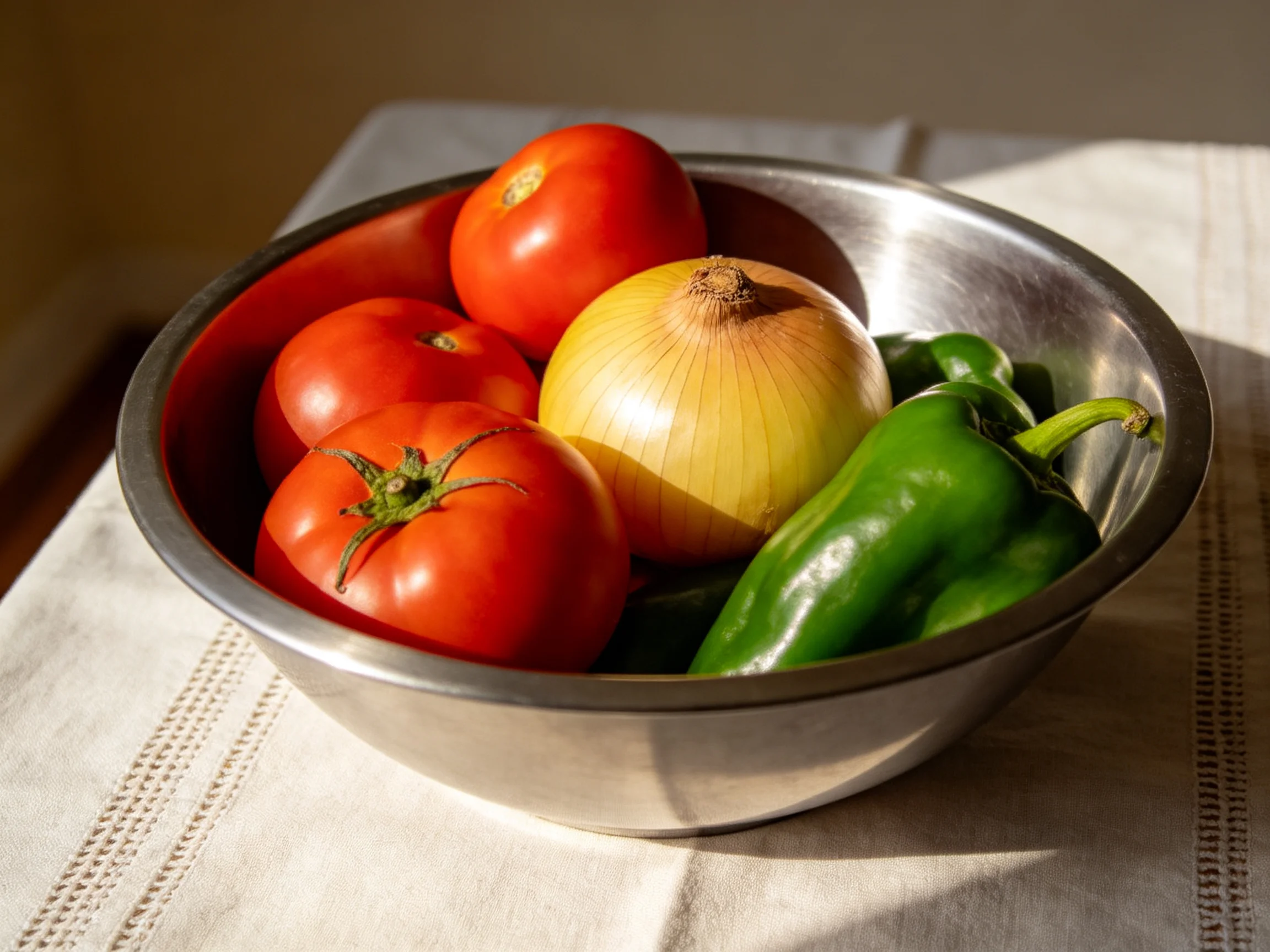 A stainless steel bowl holds fresh tomatoes, an onion, and a green pepper