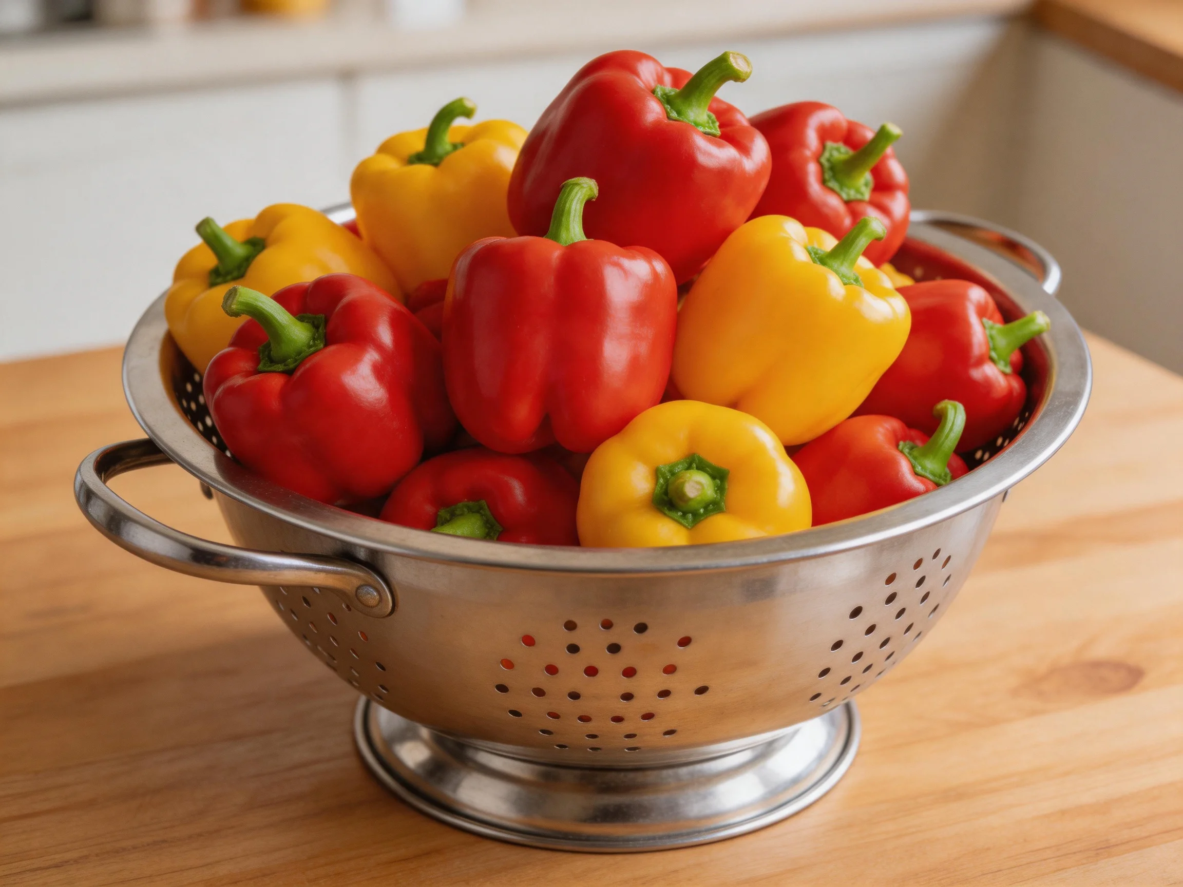 A stainless steel colander holds vibrant red and yellow bell peppers on a wooden surface