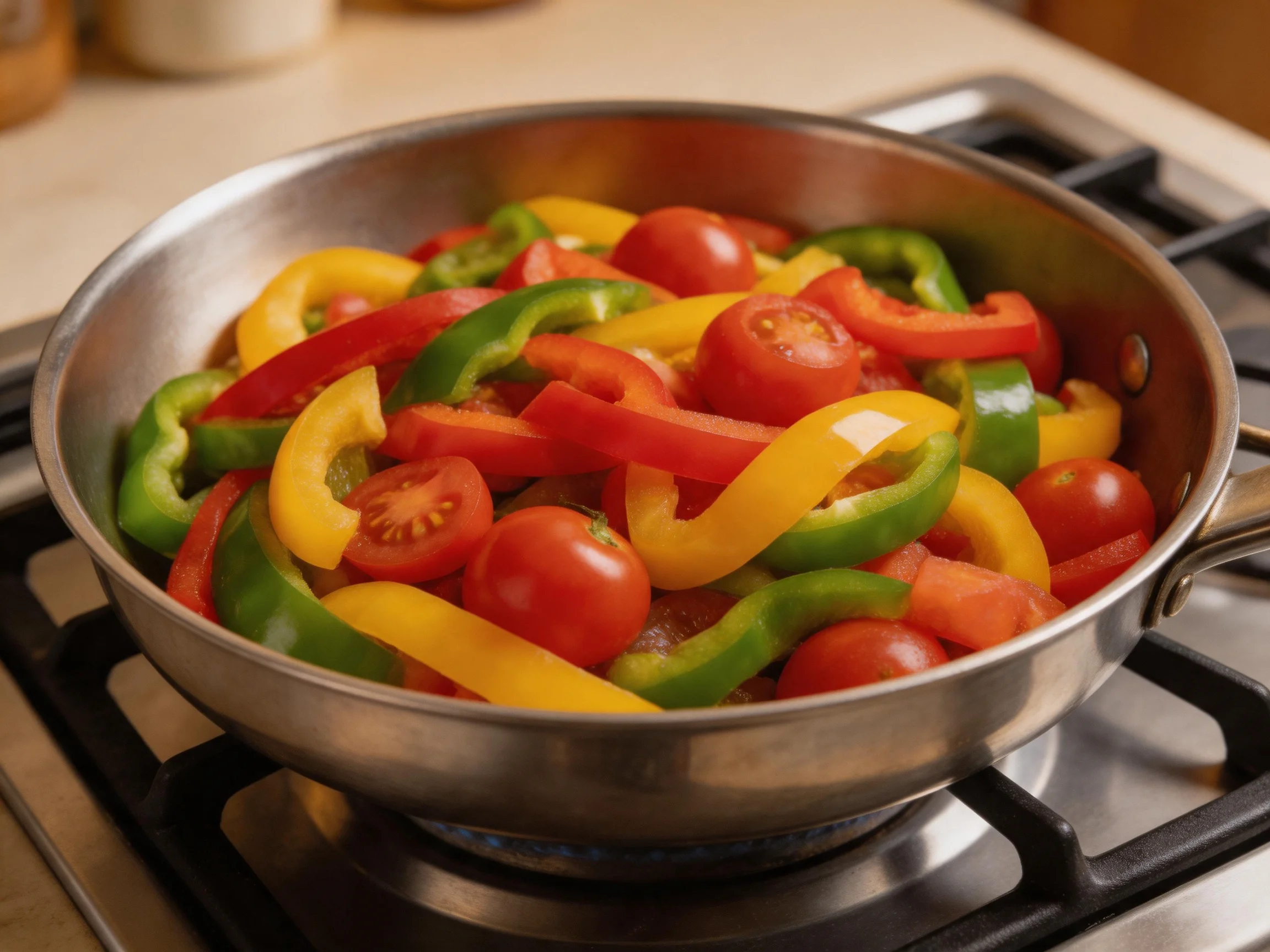 A stainless steel pan filled with sliced bell peppers and cherry tomatoes
