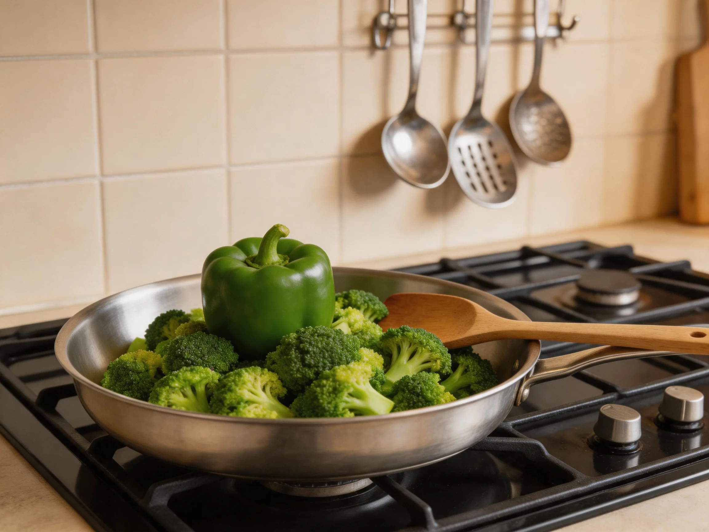 A stainless steel pan holds fresh broccoli and a green bell pepper on a gas stove