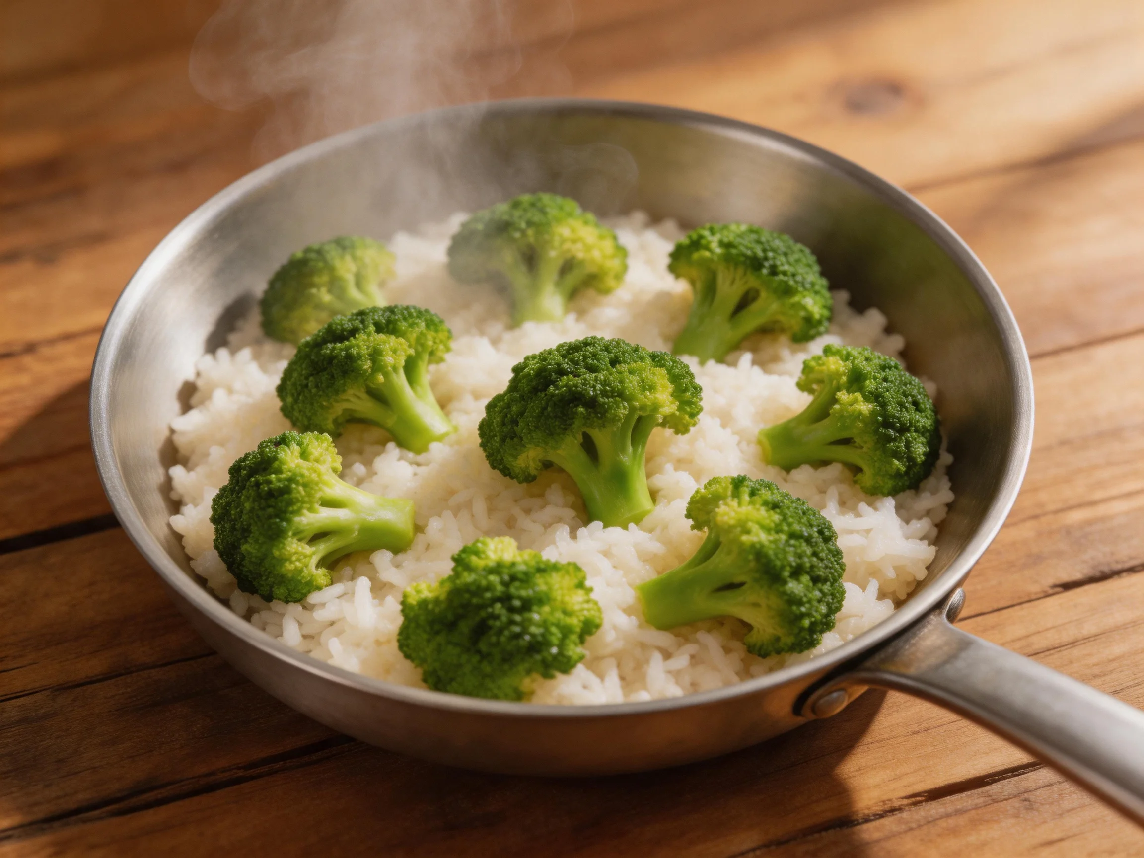 A stainless steel pan holds steaming white rice with several green broccoli florets
