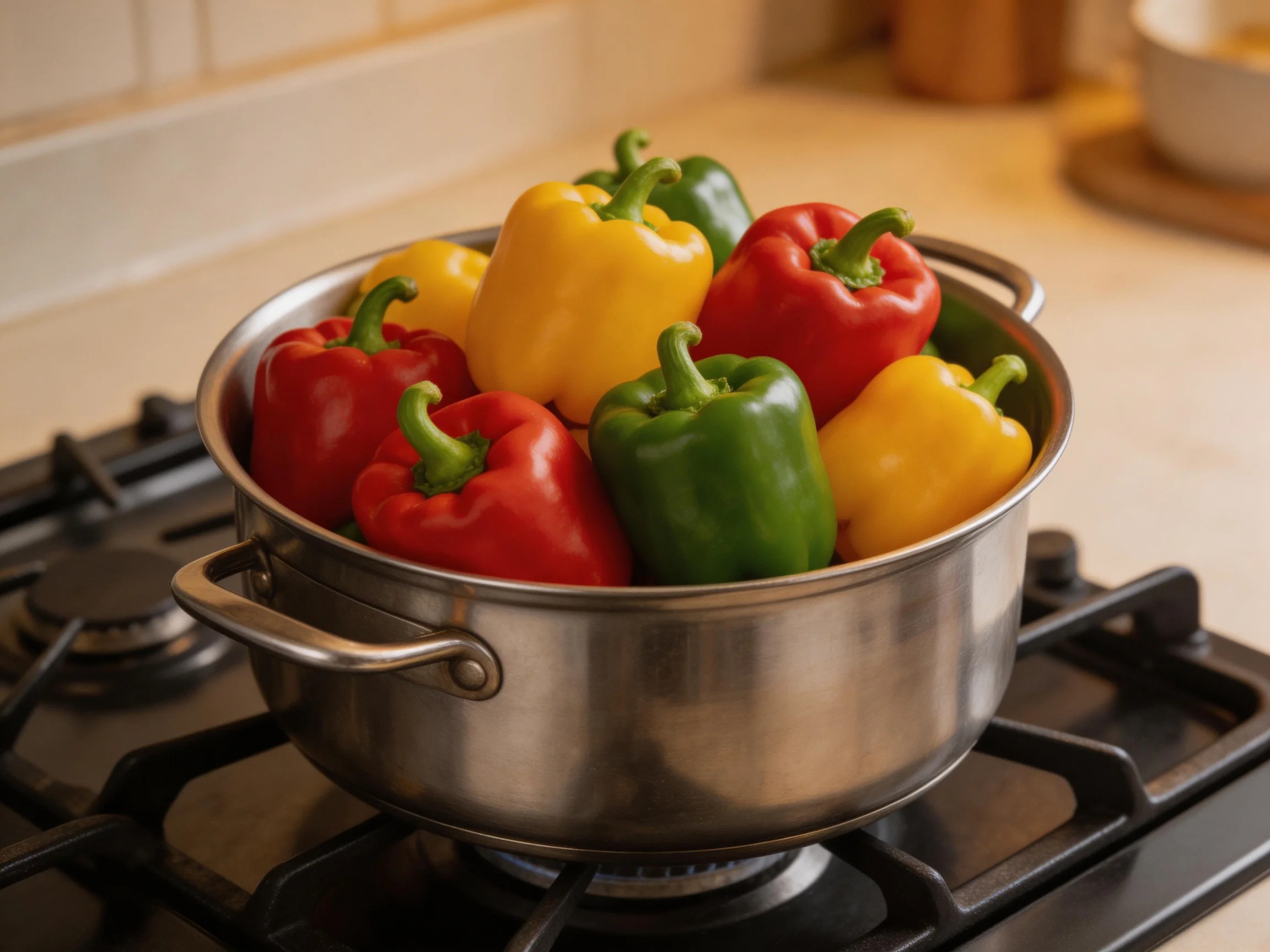 A stainless steel pot holds vibrant red, yellow, and green bell peppers on a black gas stove.