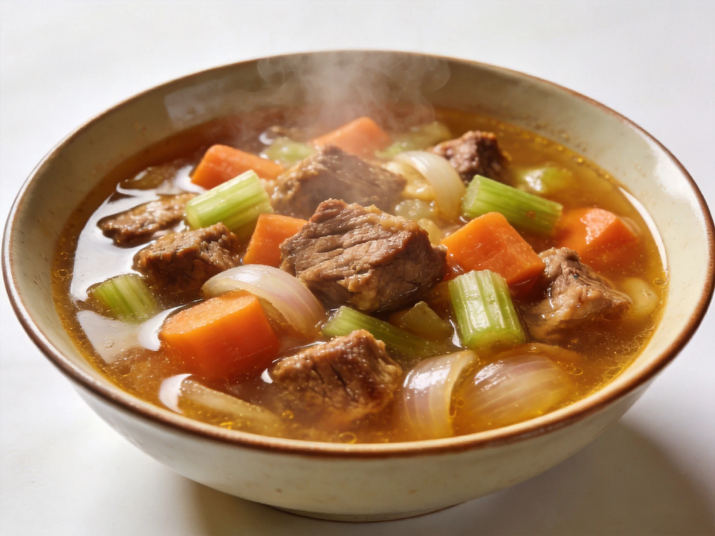 A steaming bowl of beef stew with carrots, celery, and onions