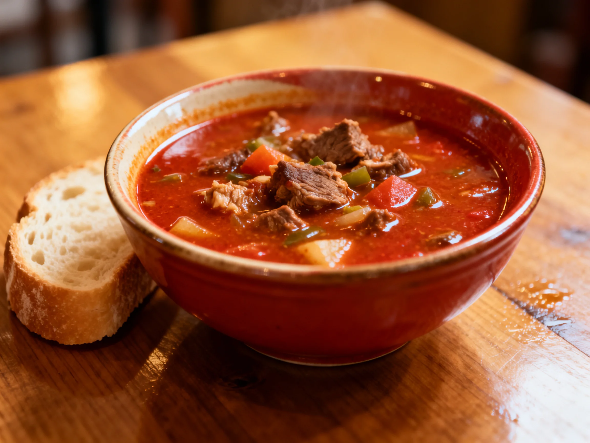A steaming bowl of beef stew with vegetables beside crusty bread on wood