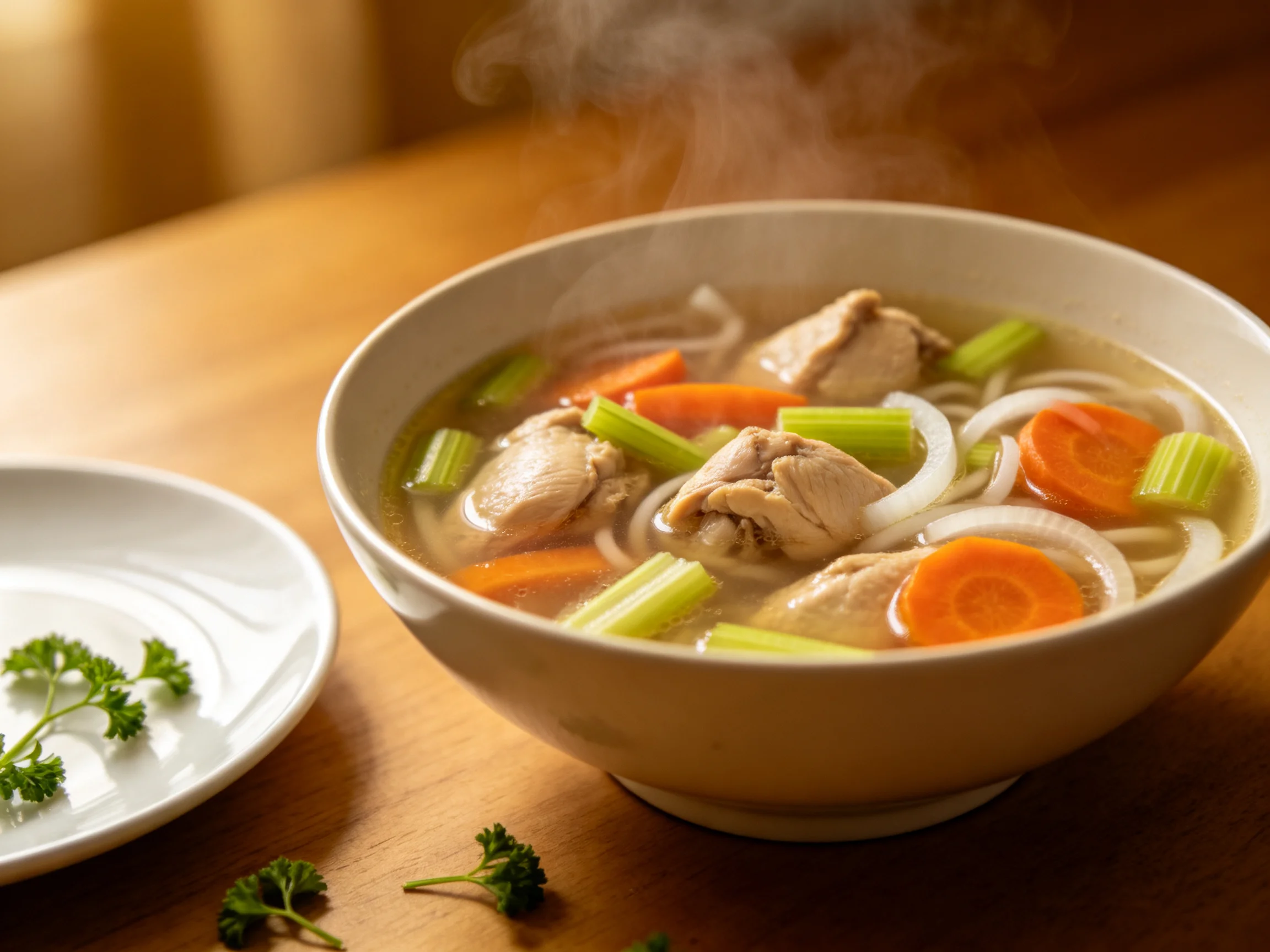 A steaming bowl of chicken noodle soup with carrots, celery, and noodles