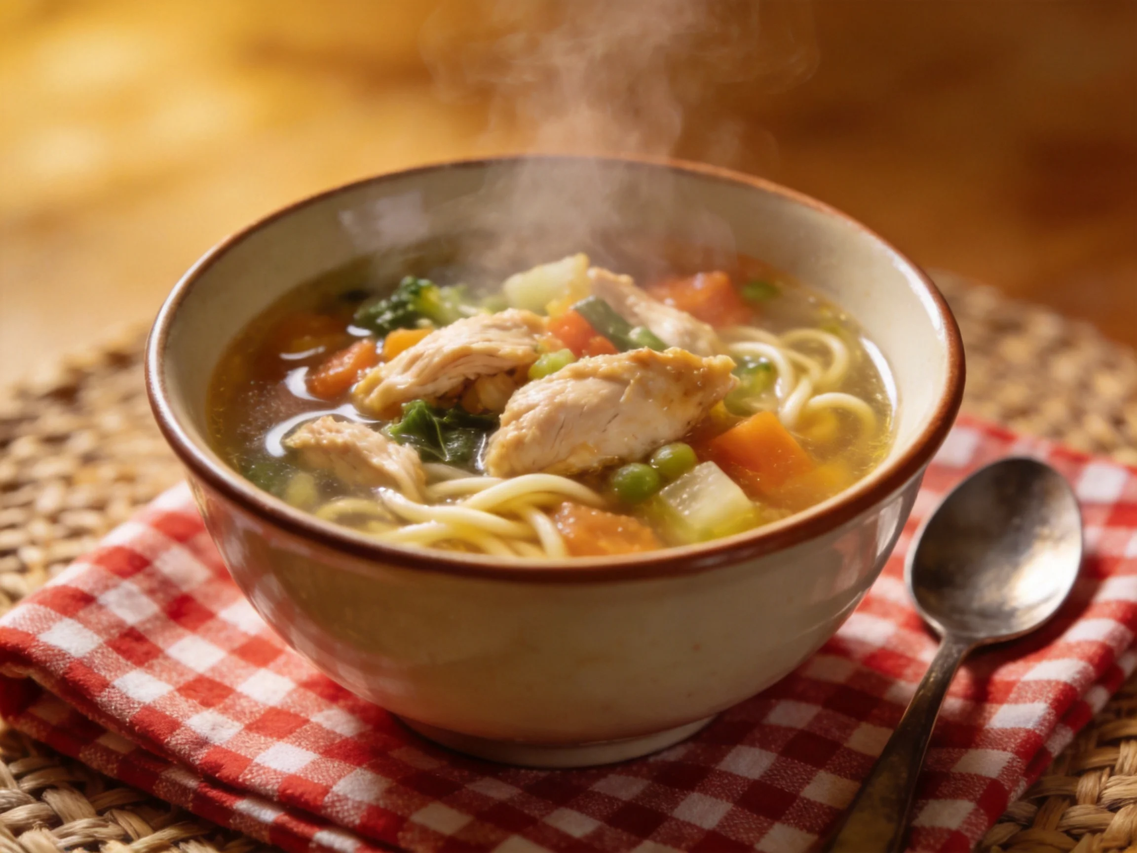A steaming bowl of chicken noodle soup with mixed vegetables