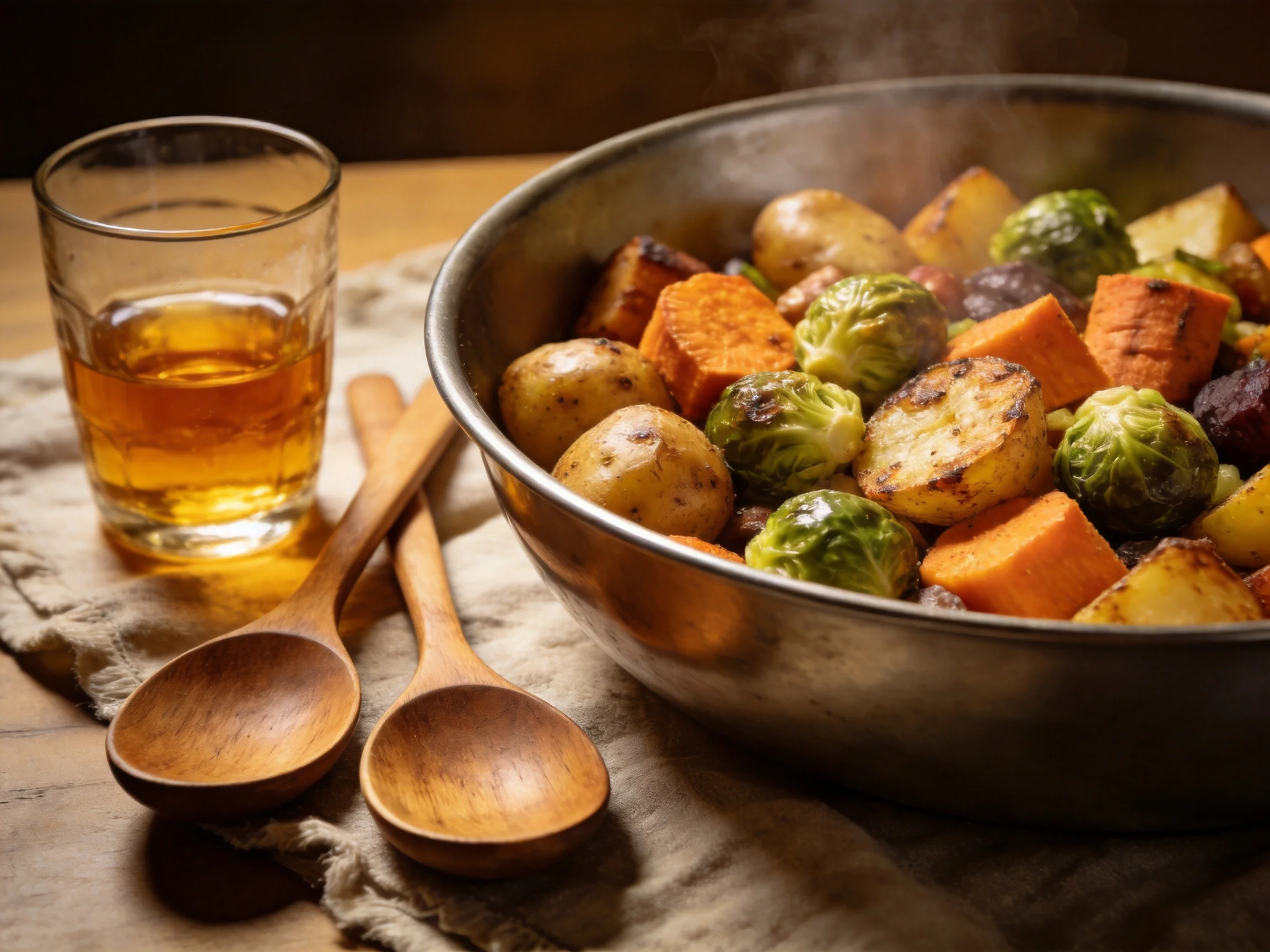 A steaming bowl of mixed roasted vegetables with wooden utensils nearby