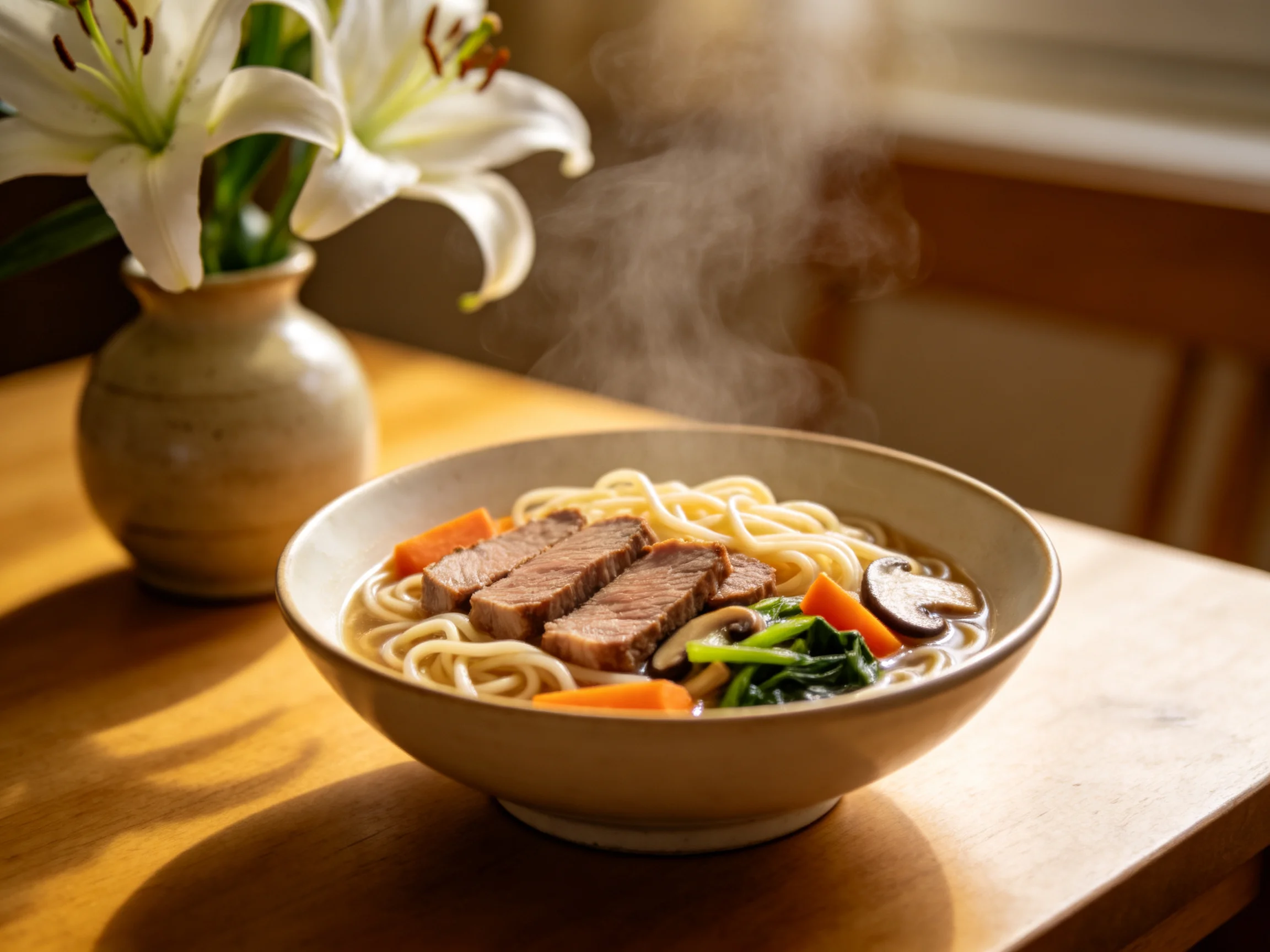 A steaming bowl of noodle soup with sliced beef, carrots, and greens