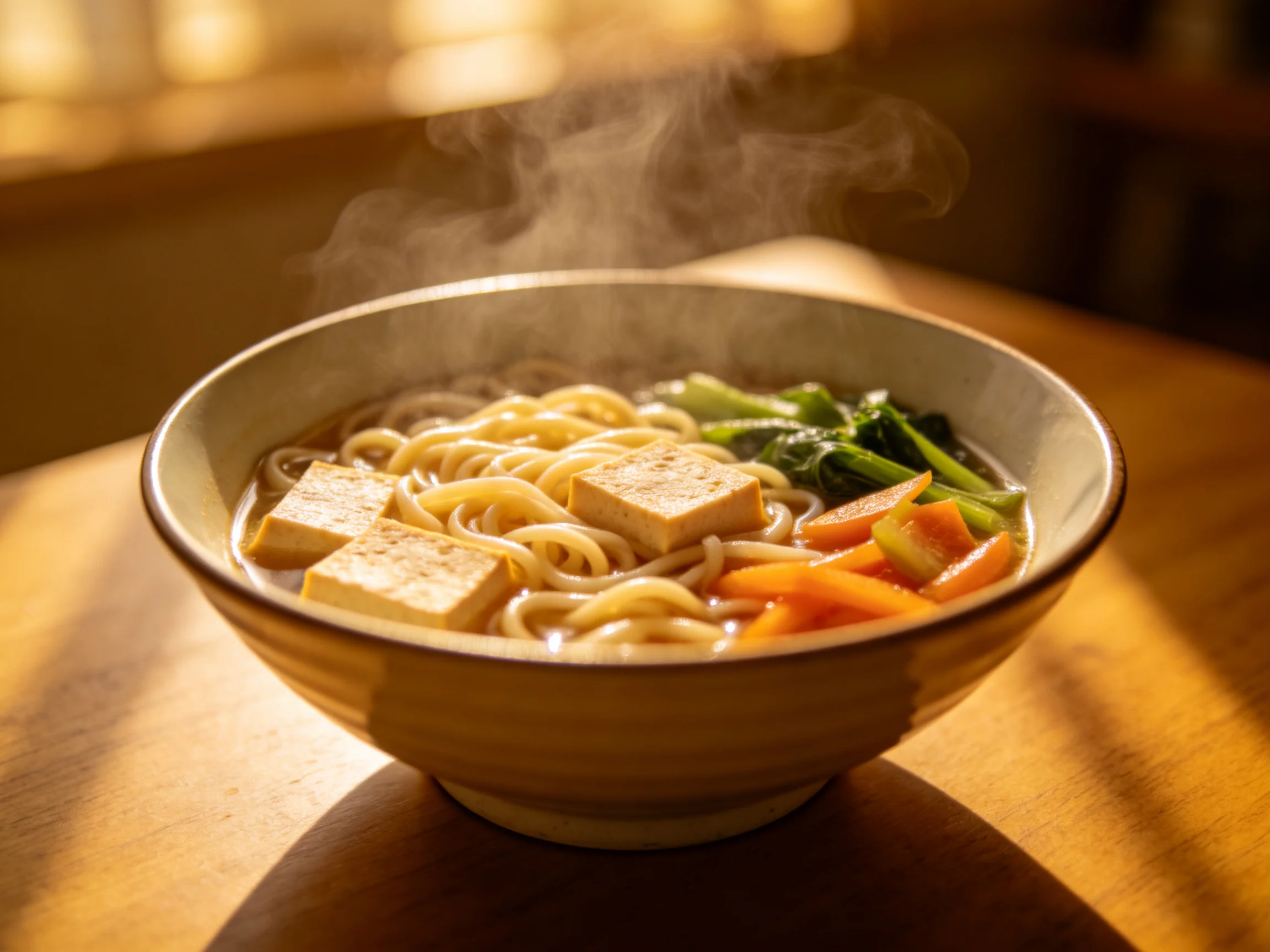 A steaming bowl of noodle soup with tofu, carrots, and leafy greens