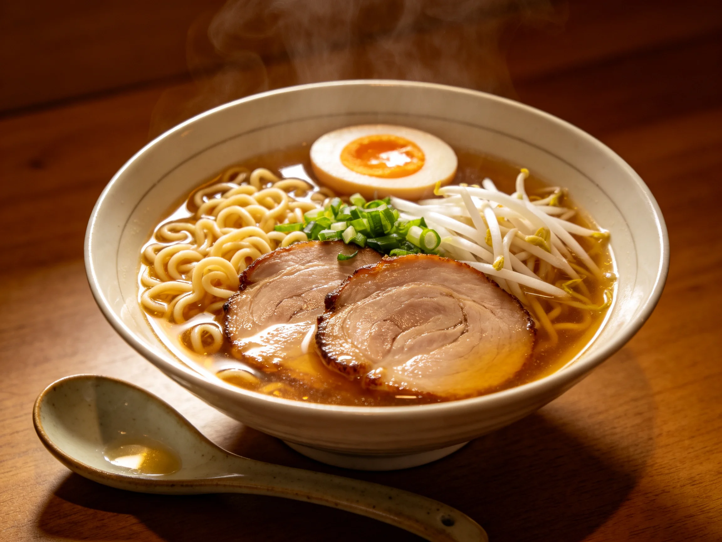 A steaming bowl of ramen with pork, egg, bean sprouts, and green onions