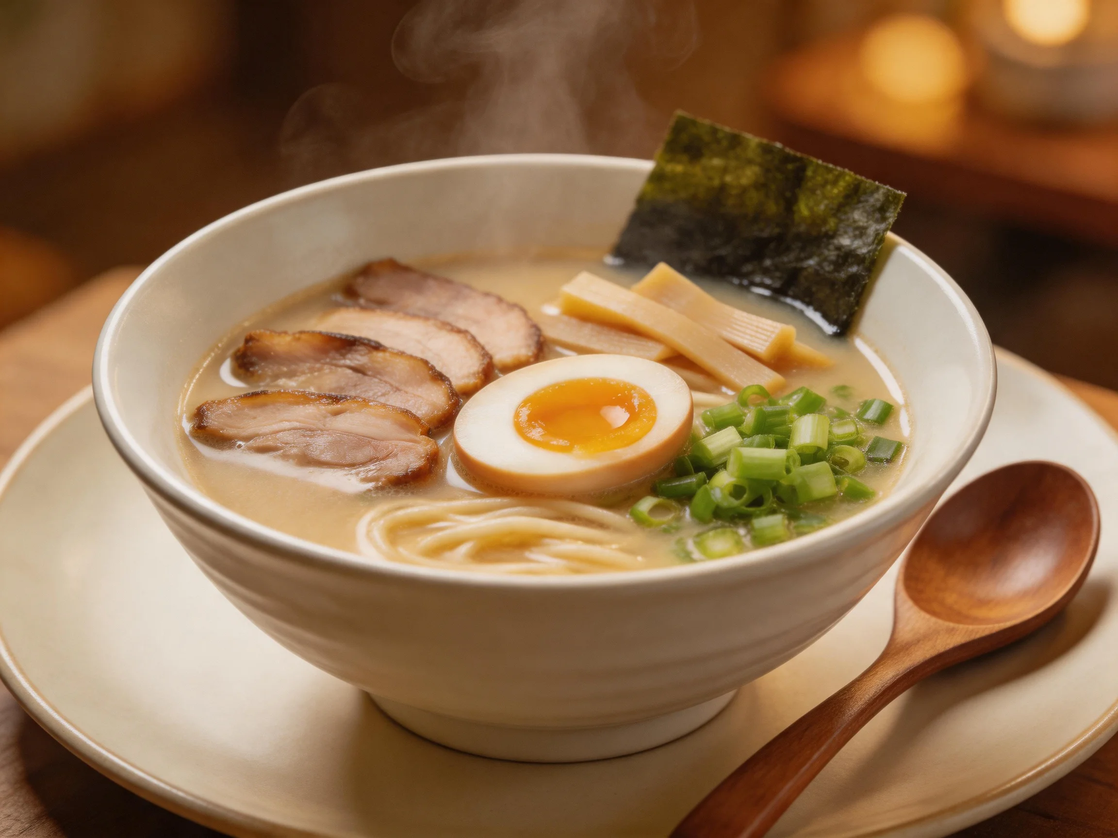 A steaming bowl of ramen with sliced pork, soft - boiled egg, seaweed, and scallions