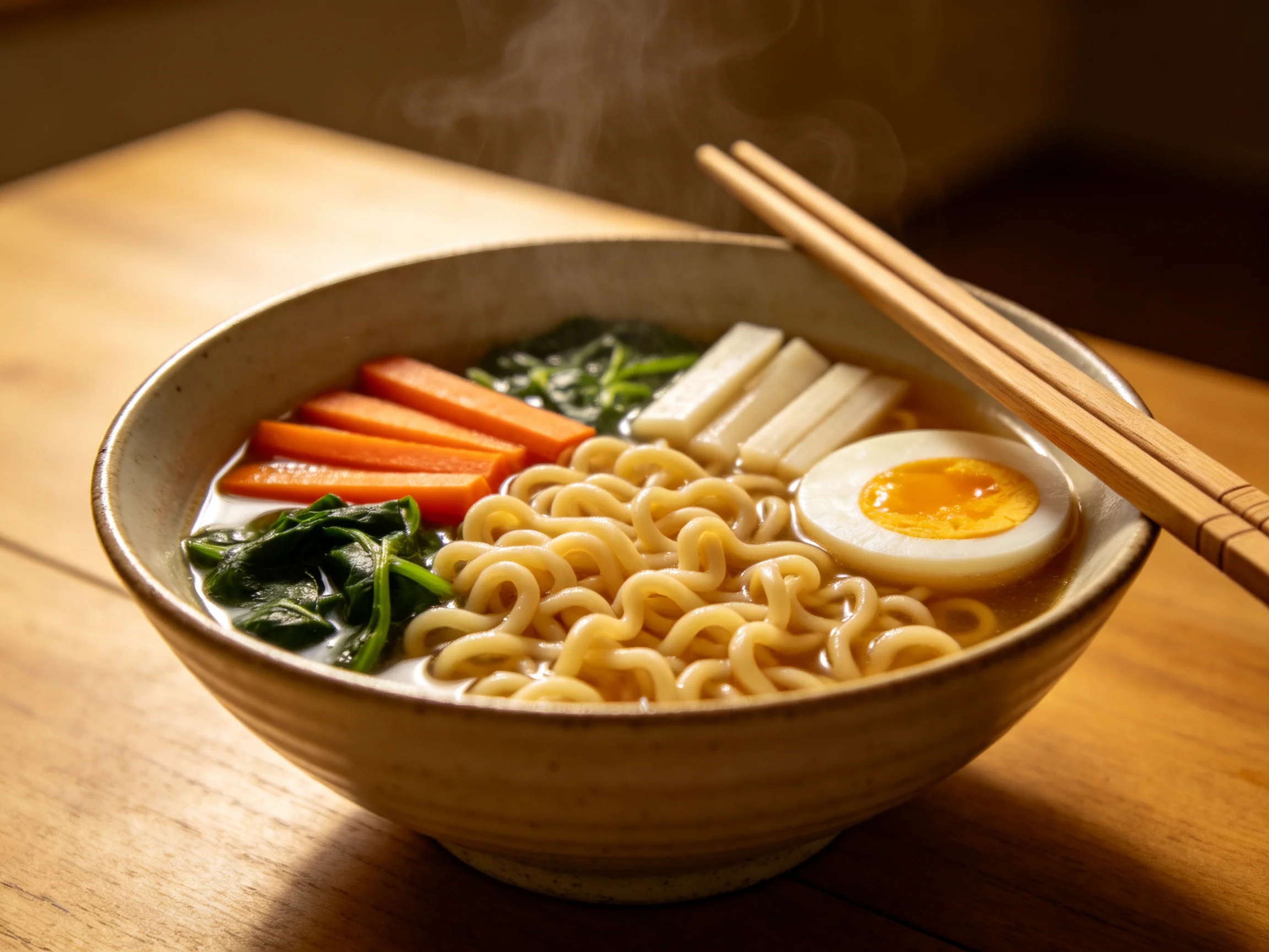 A steaming bowl of ramen with vegetables, egg, and noodles