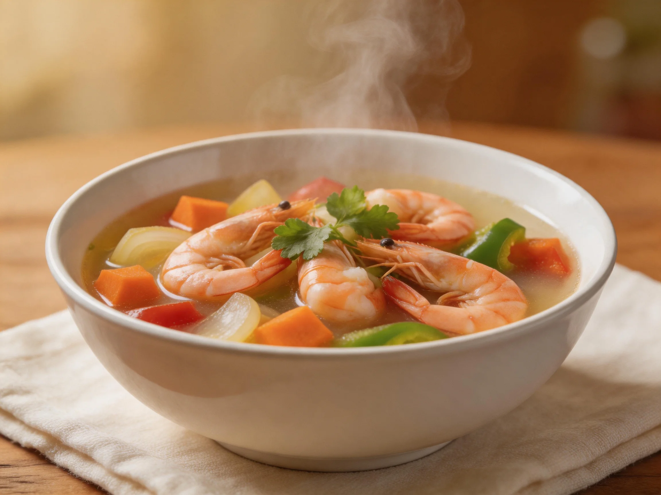 A steaming bowl of shrimp and mixed vegetables in a clear broth