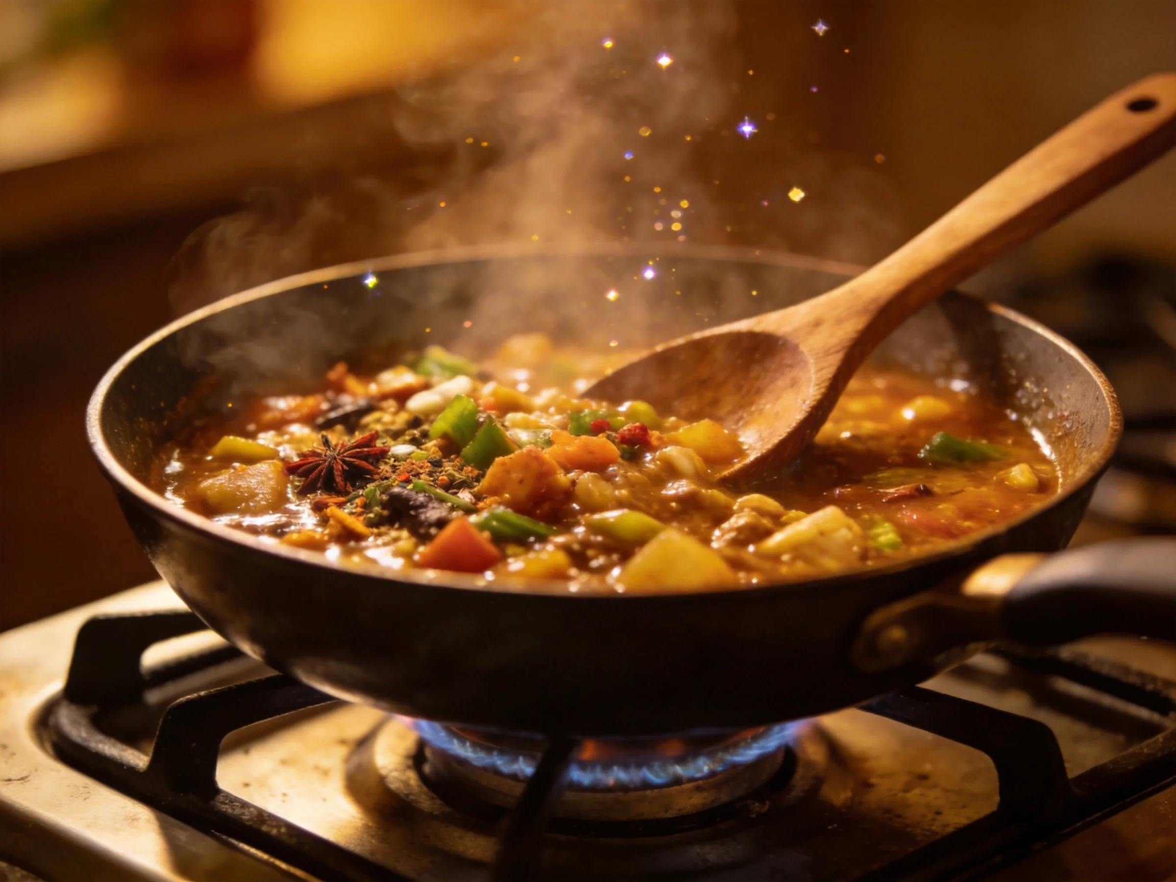 A steaming pan of colorful stew with spices on a lit gas stove