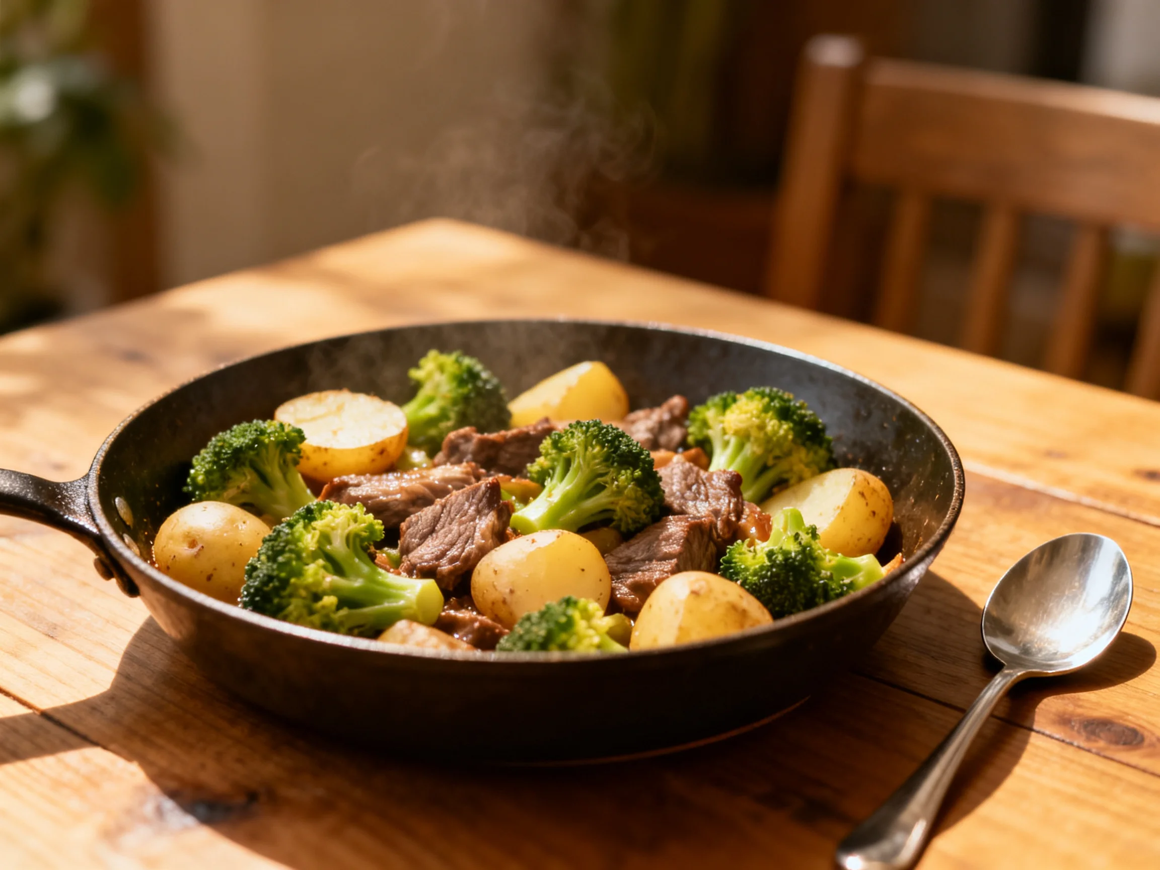 A steaming skillet of beef, broccoli, and potatoes on a wooden table