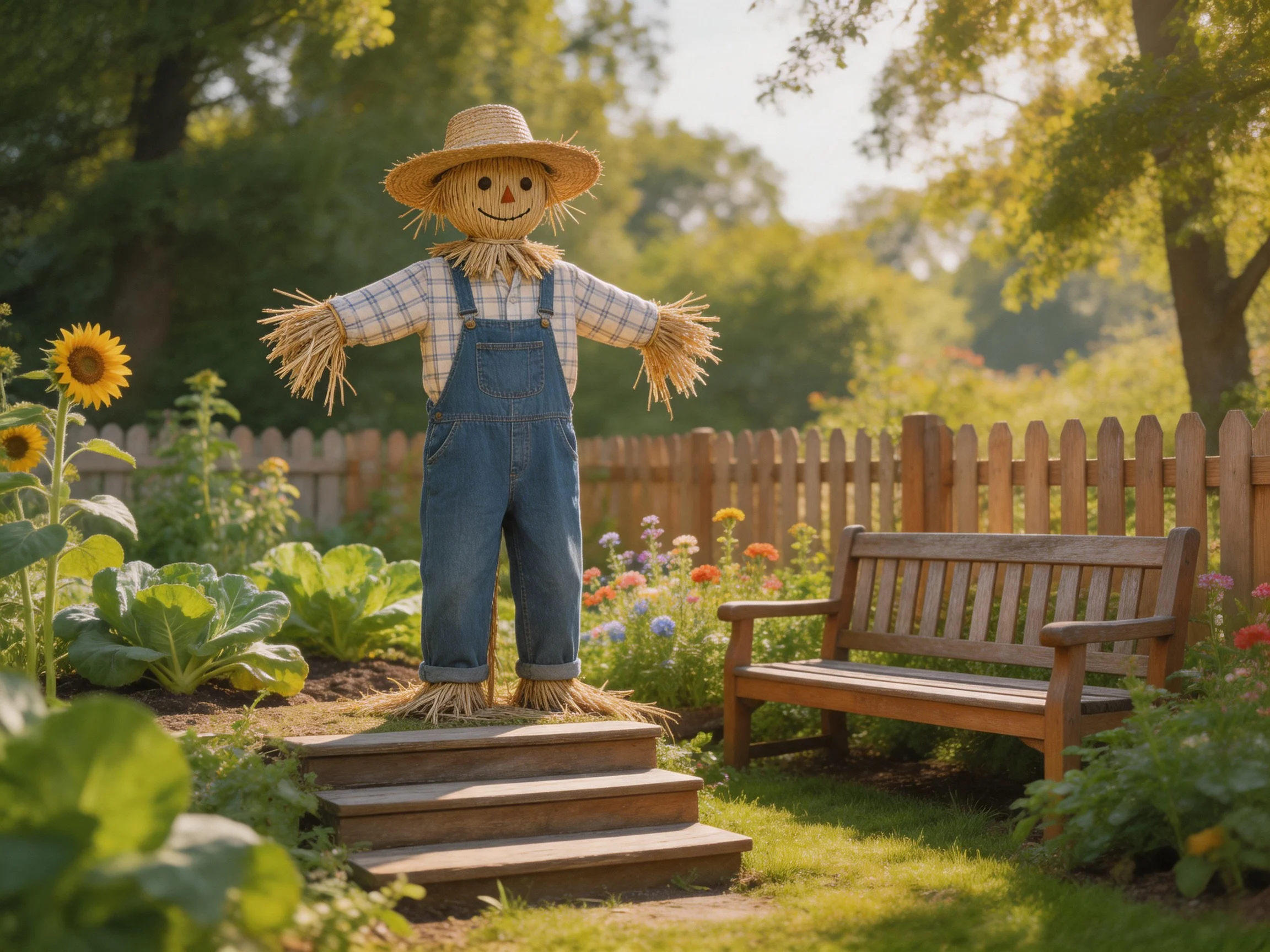 A straw scarecrow in blue overalls stands on wooden steps amid garden vegetation