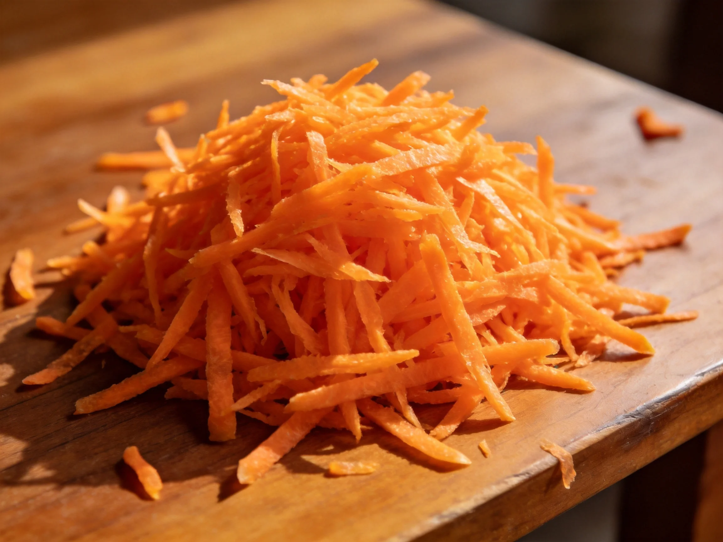 A substantial pile of finely shredded bright orange carrot strips on a wooden surface