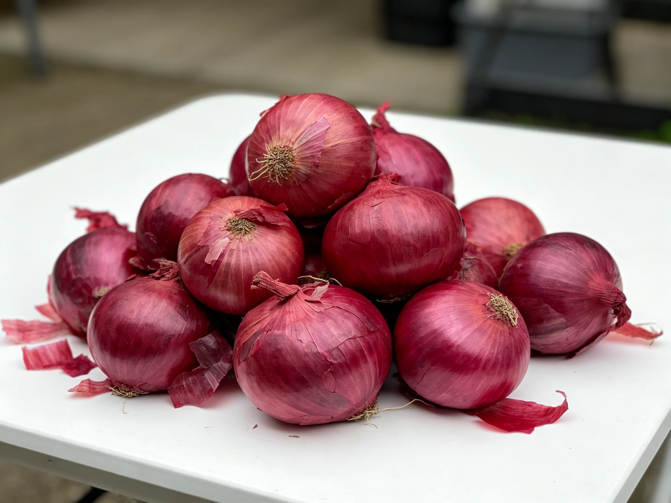 A substantial pile of rich purple-red onions on a white plate