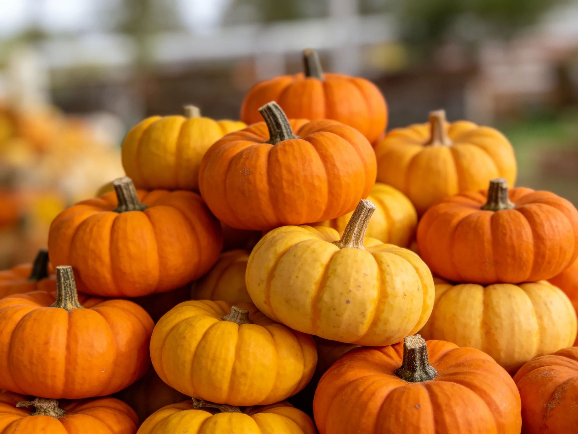 A substantial pile of small orange and yellow pumpkins stacked closely