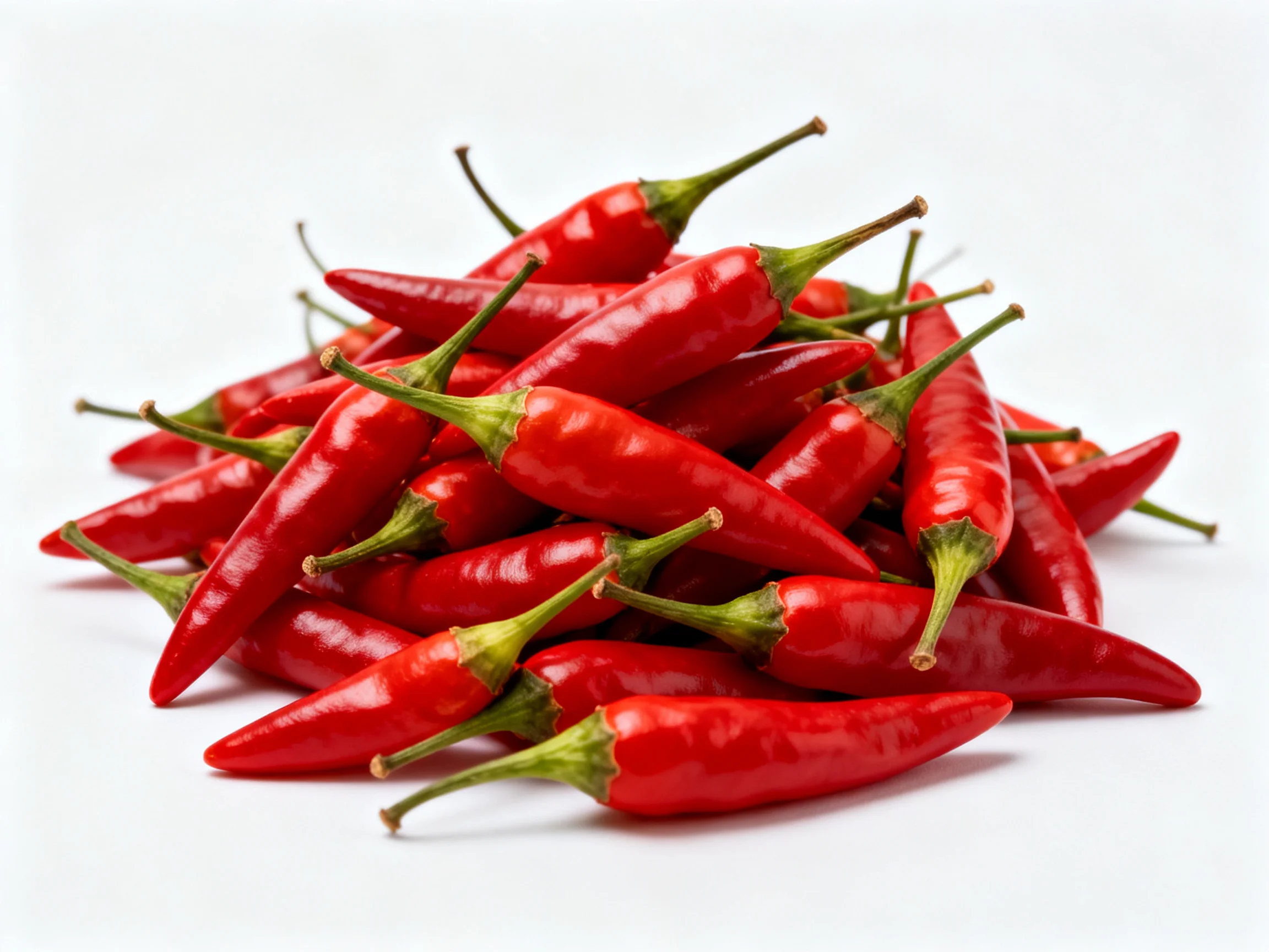 A substantial pile of vibrant red chili peppers with green stems