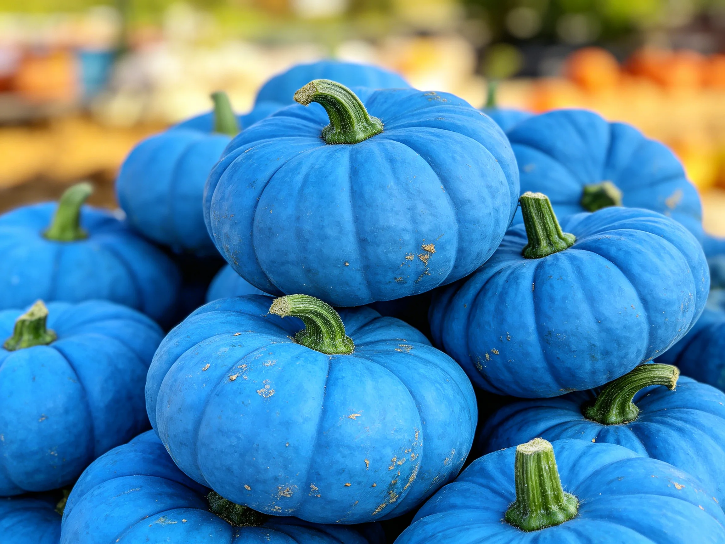 A substantial stack of vivid blue decorative pumpkins
